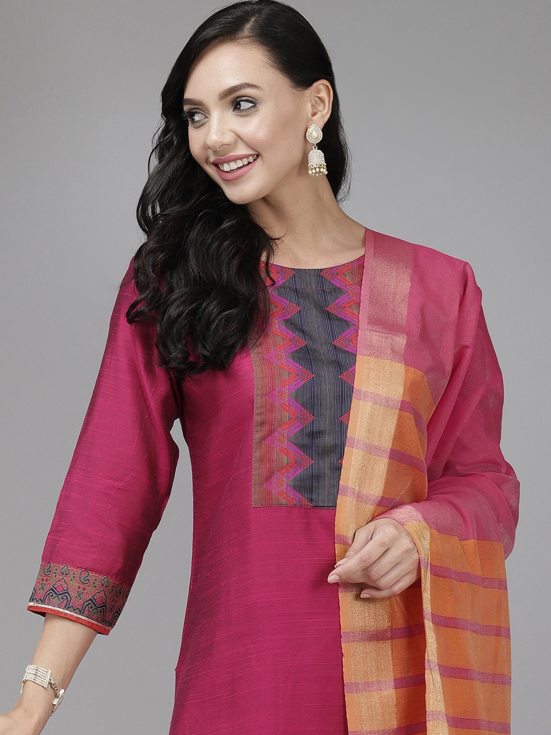 

Indo Era Women Maroon & Mustard Yellow Yoke Design Patchwork Kurta with Palazzos & Dupatta