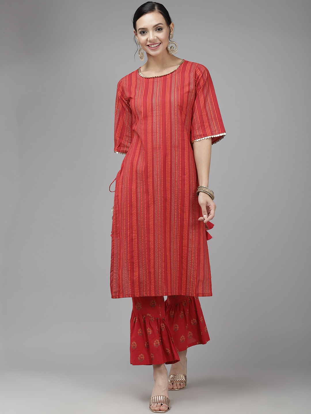 

Indo Era Women Red Striped Regular Kurta with Sharara