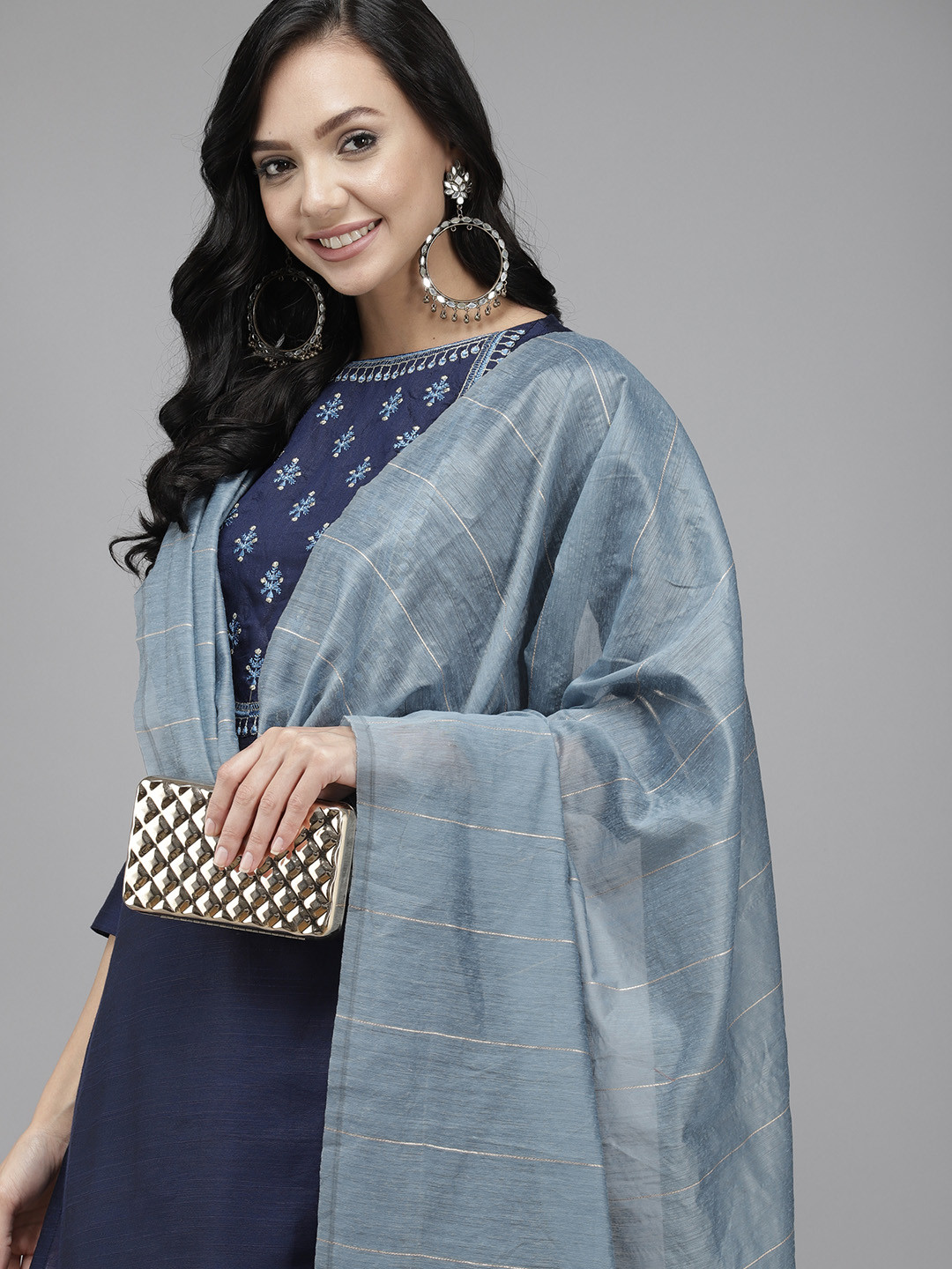 

Indo Era Women Navy Blue Floral Yoke Design Kurta with Trousers & Dupatta