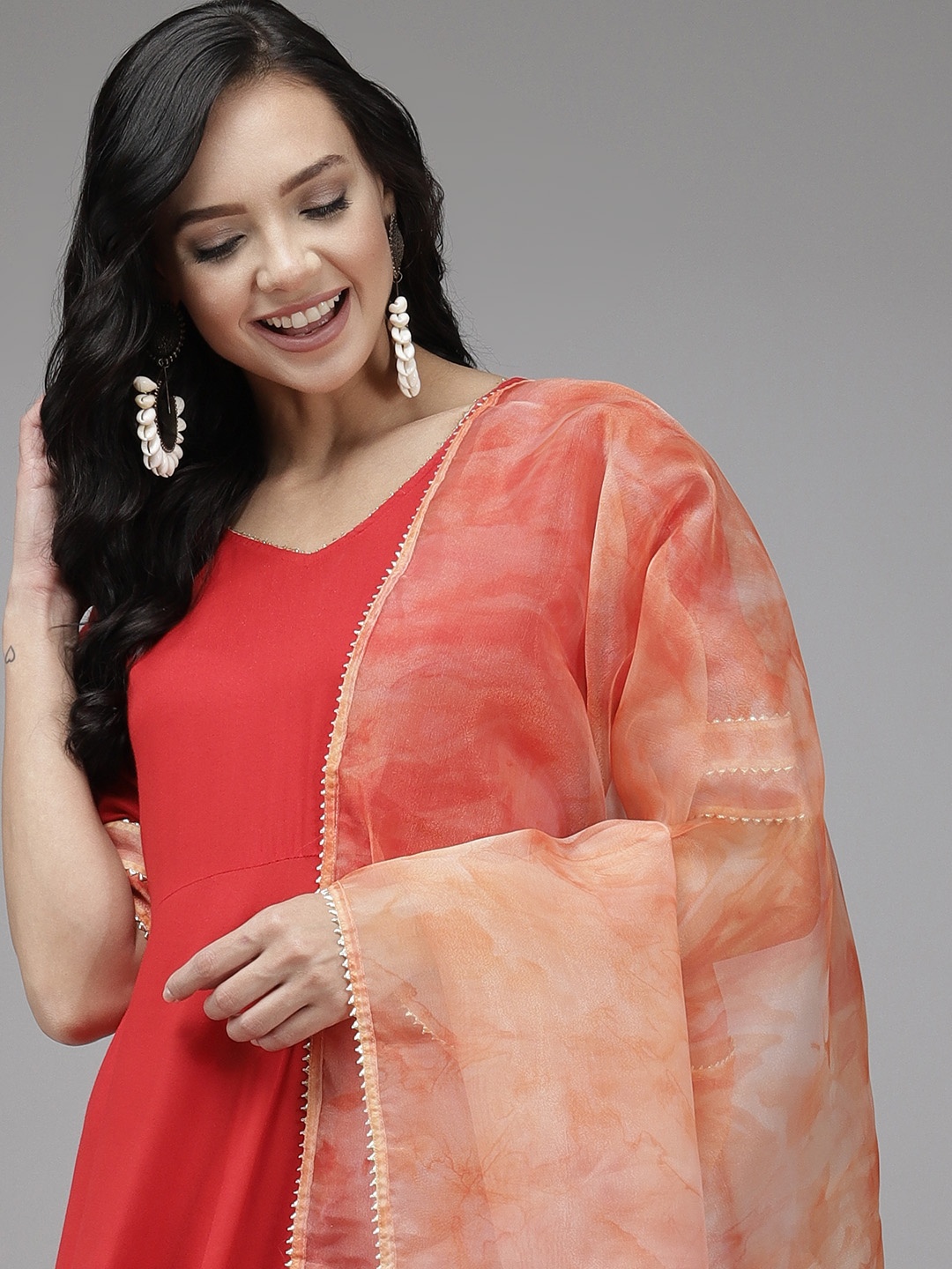 

Indo Era Women Red & Peach-Coloured Solid A-Line Maxi Dress with Dupatta