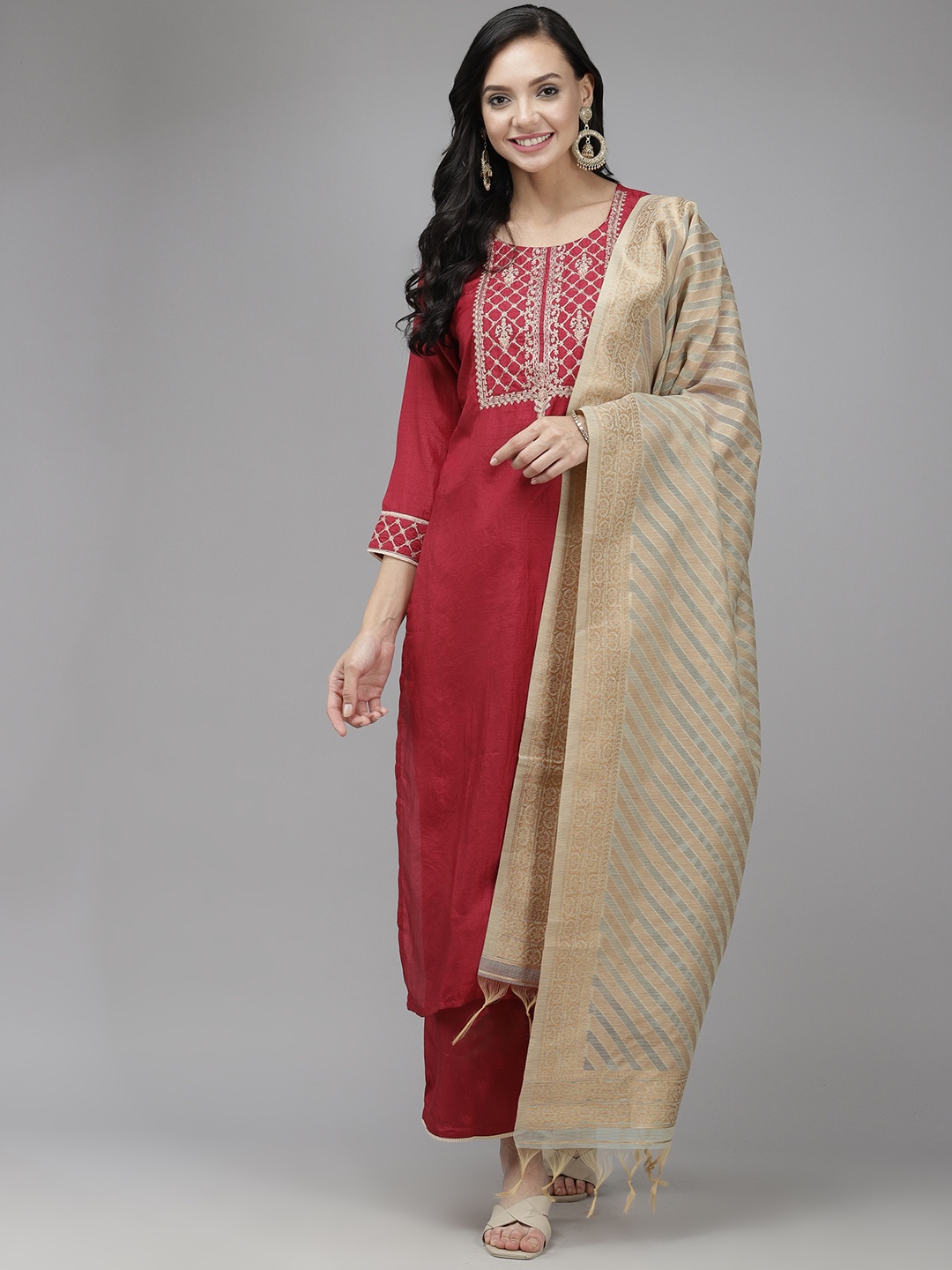 

Indo Era Women Maroon Yoke Design Regular Sequinned Kurta with Palazzos & Dupatta