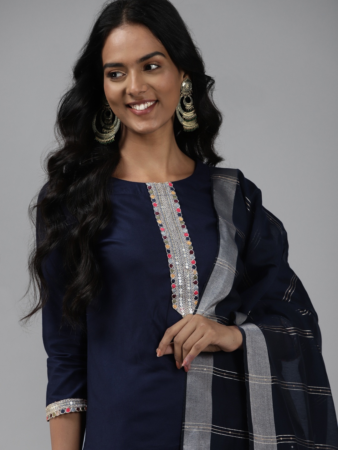 

Indo Era Women Navy Blue Yoke Design Regular Liva Kurta with Palazzos & Dupatta