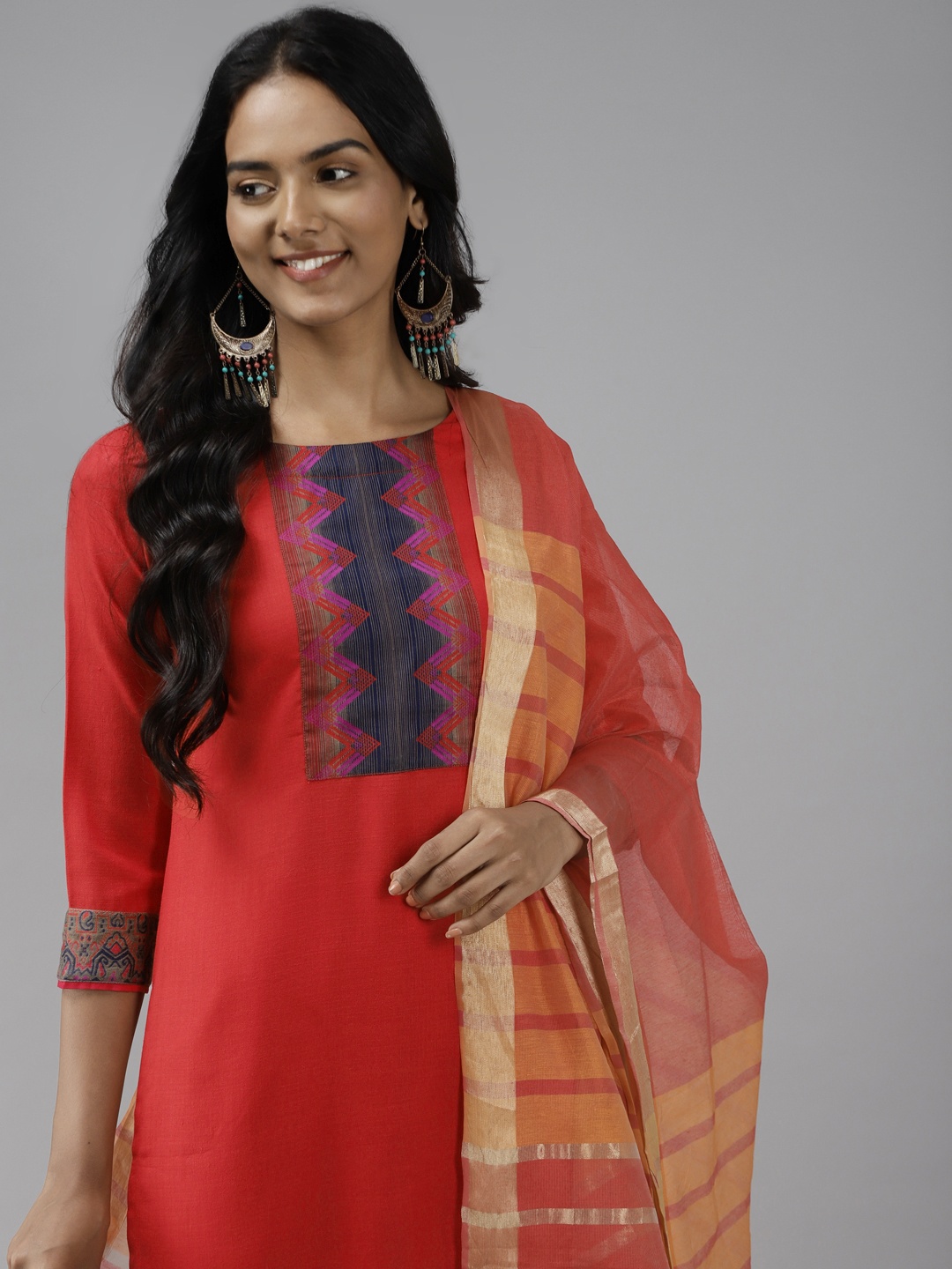 

Indo Era Women Red Yoke Design Patchwork Kurta with Palazzos & Dupatta