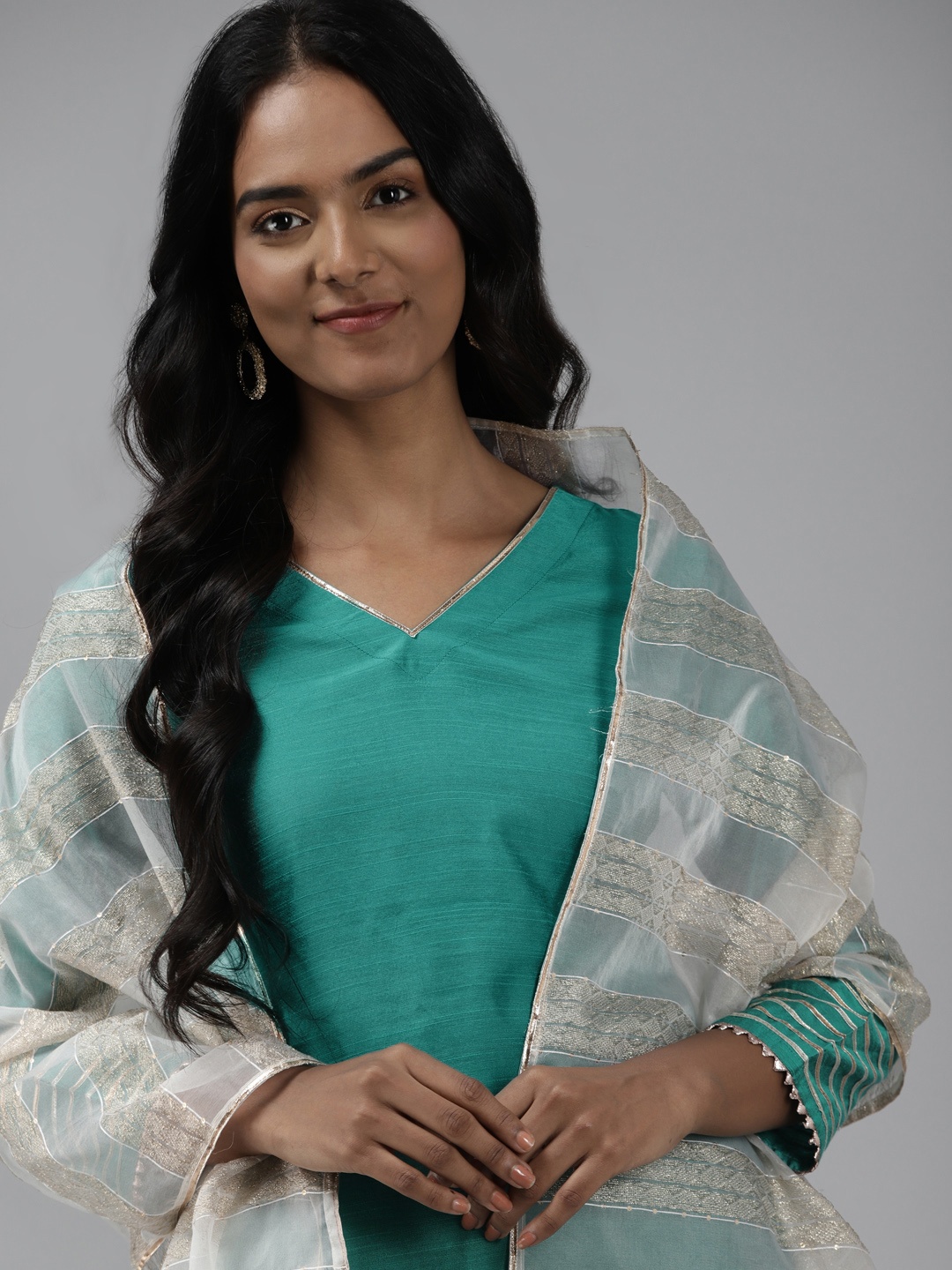 

Indo Era Women Teal Green Regular Gotta Patti Kurta with Palazzos & Dupatta