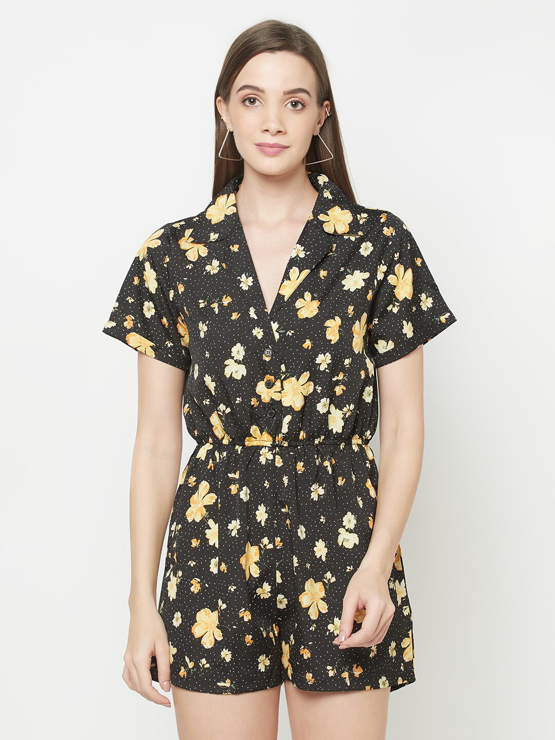 

Purple State Black & Yellow Floral Printed Playsuit