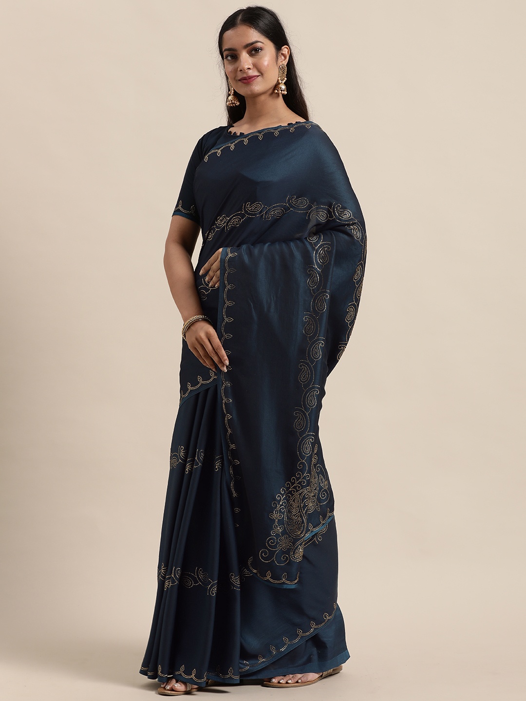 

Shaily Blue Embellished Beads and Stones Satin Heavy Work Saree