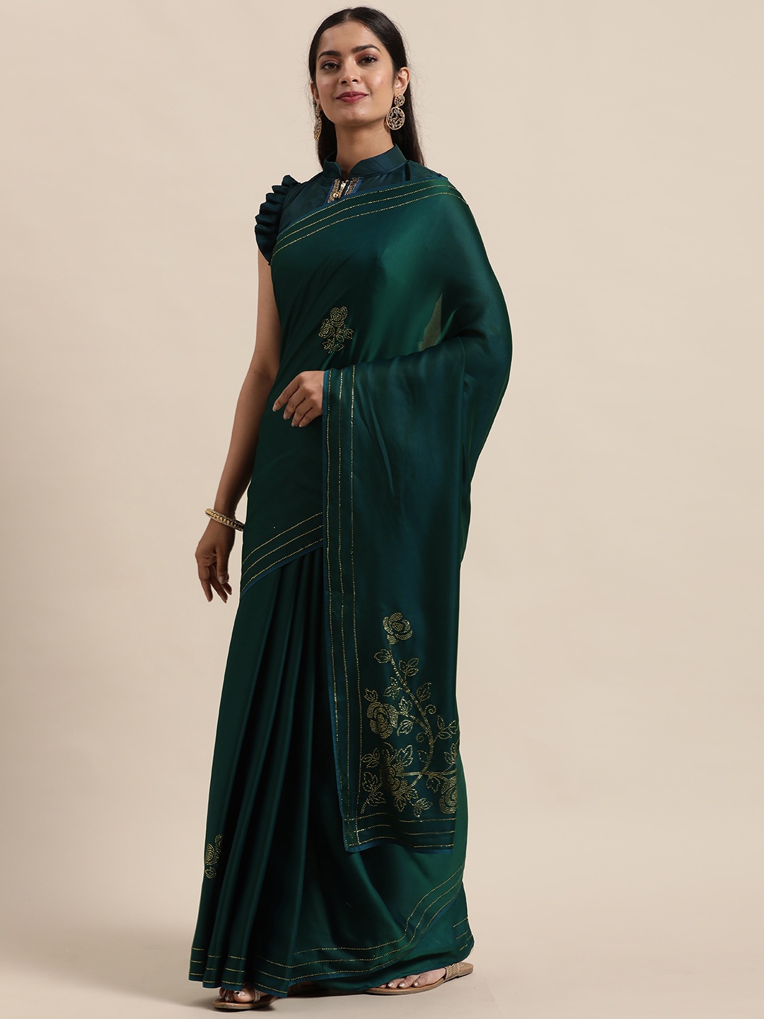 

Shaily Teal Embellished Beads and Stones Satin Heavy Work Saree