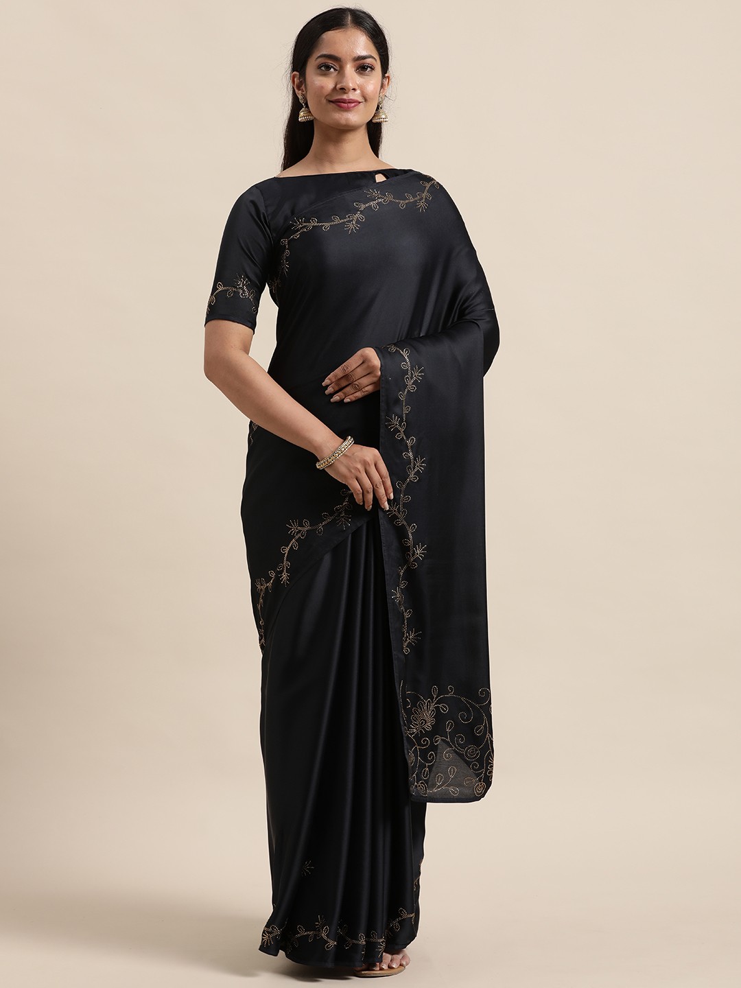 

Shaily Navy Blue Beads and Stones Satin Heavy Work Saree