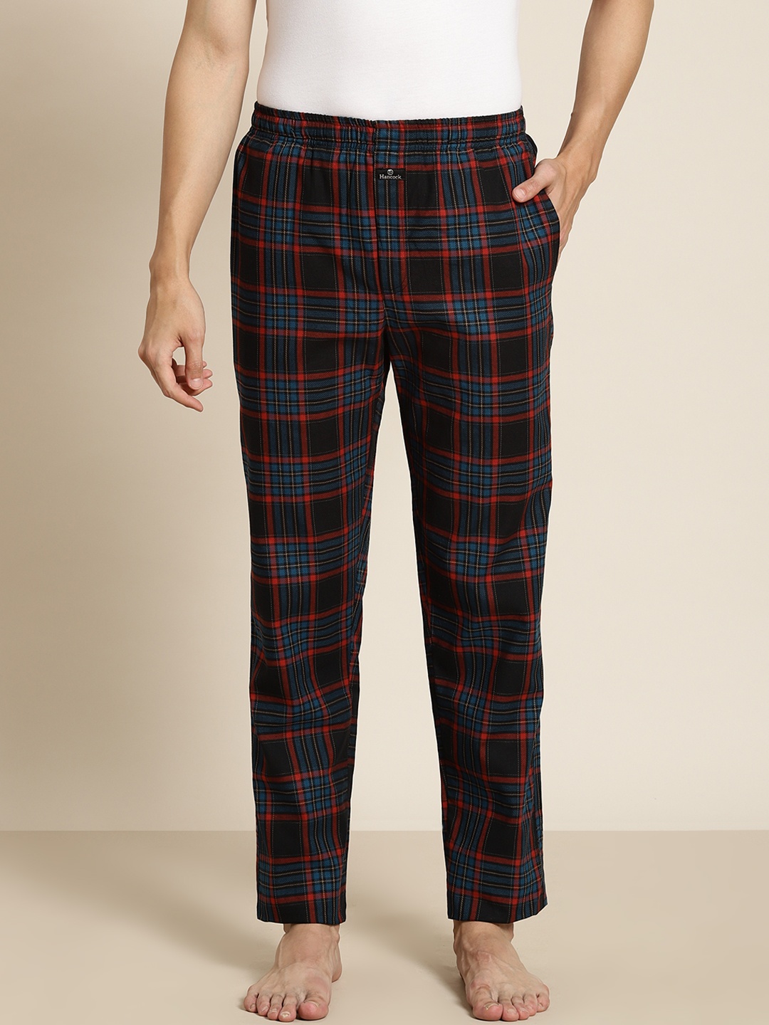 

Hancock Men Navy Blue & Black Checked Pure Cotton Comfort Fit Lounge Pant