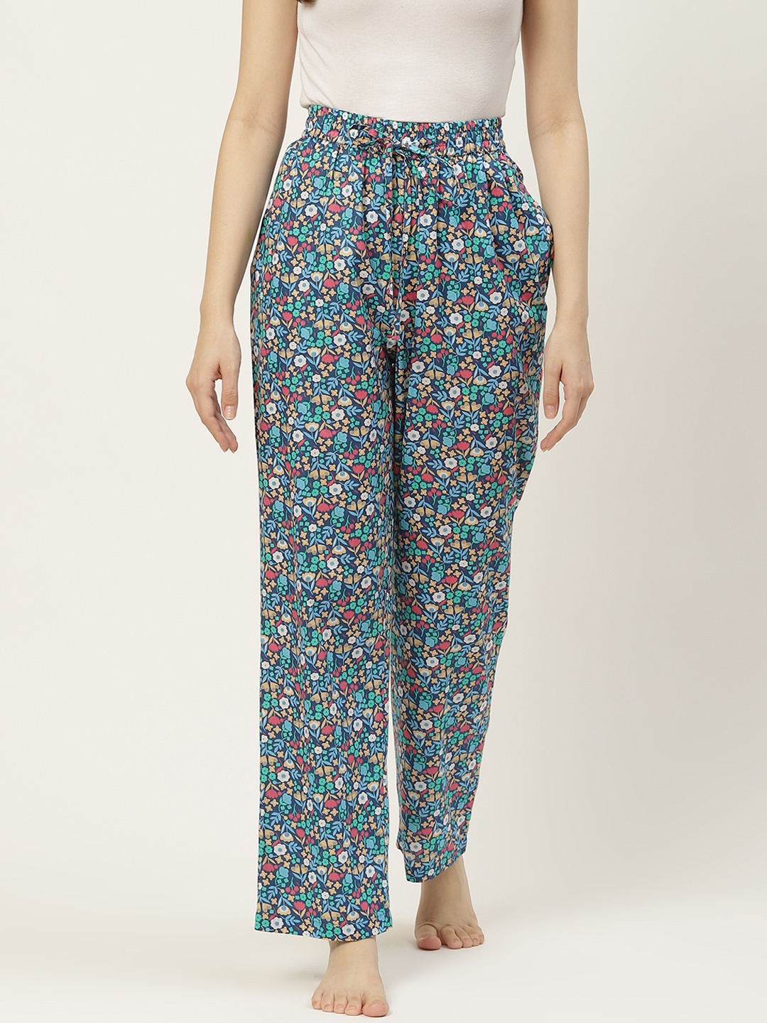 

Not Just Pyjamas Women Blue Floral Printed Cotton Lounge Pants