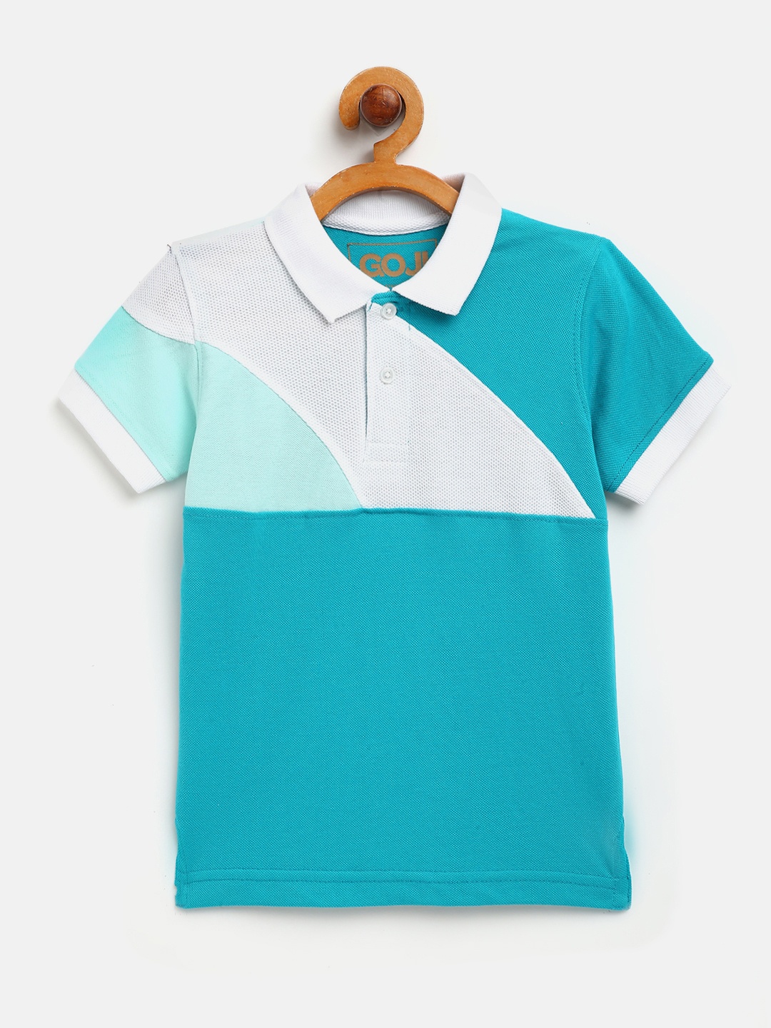 

GOJI Boys Teal Blue & White Cotton Colourblocked Polo Collar T-shirt