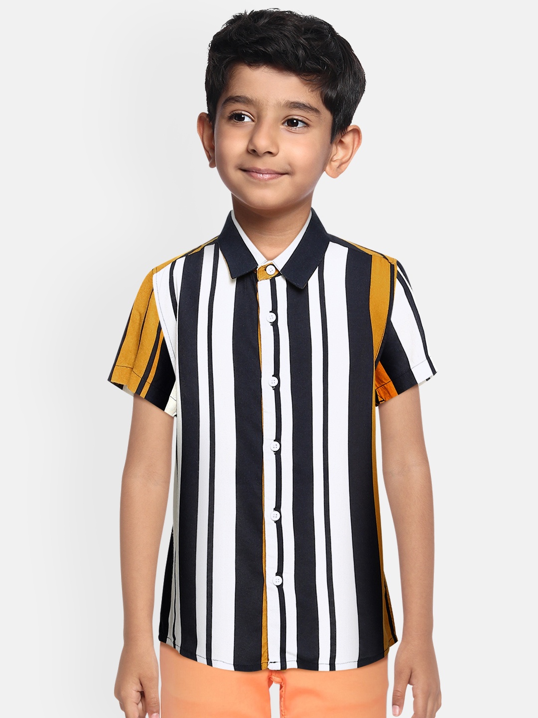 

Bene Kleed Boys Mustard Yellow Slim Fit N9 Silver Anti-Microbial Striped Casual Shirt