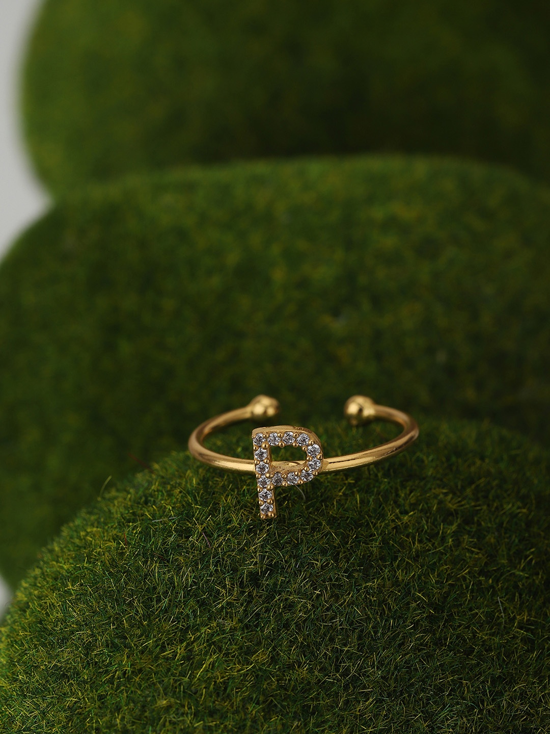 

Carlton London Gold-Plated Letter P-Shaped Handcrafted CZ-Studded Adjustable Finger Ring