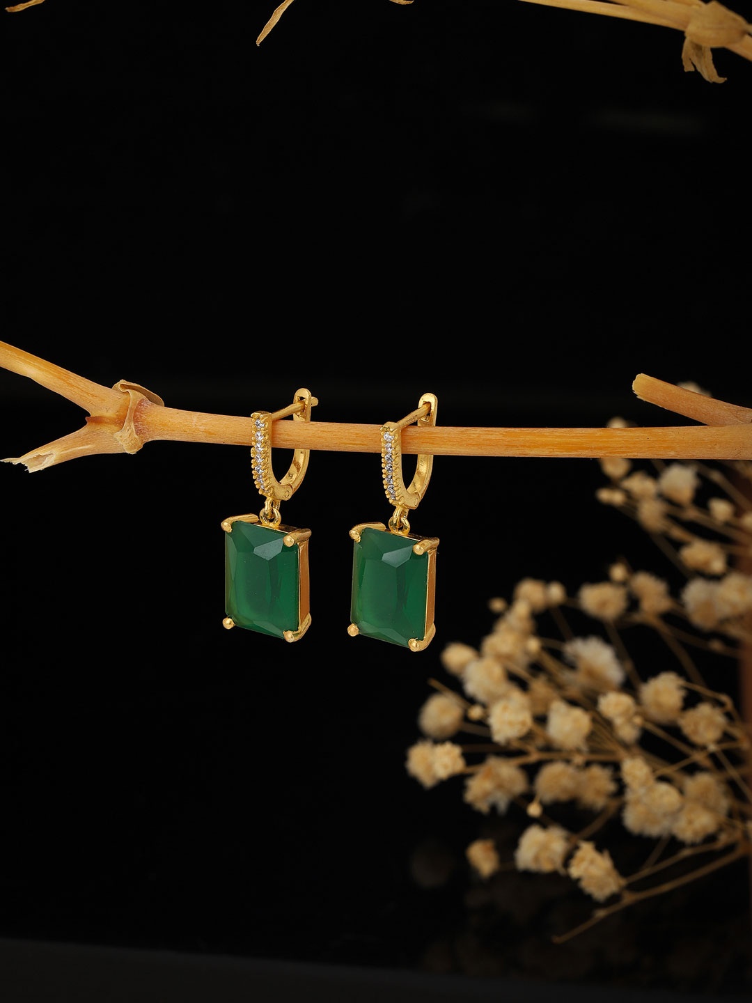 

Carlton London Green Gold-Plated CZ Studded Geometric Drop Earrings