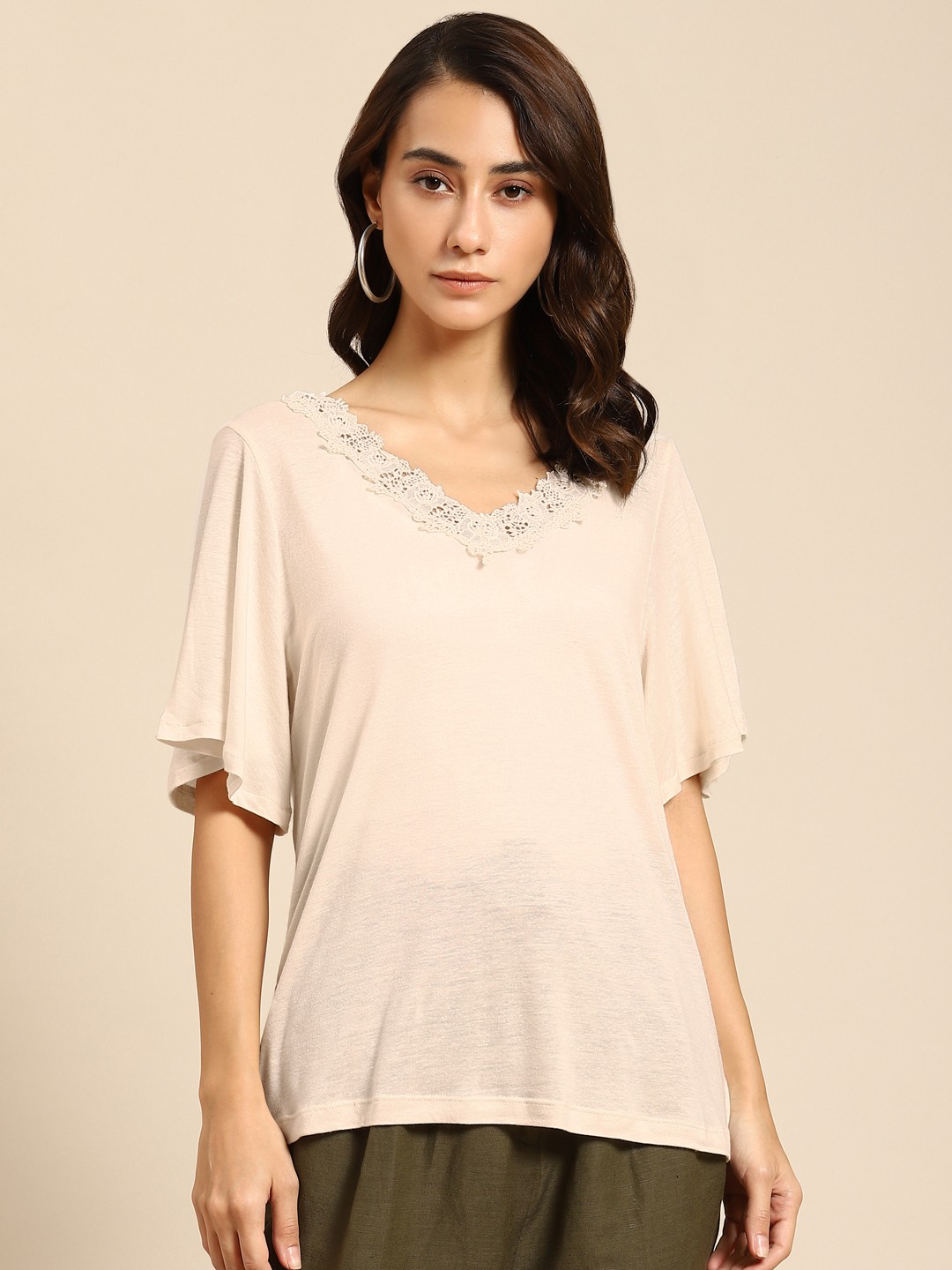 

COVER STORY Women Beige V-Neck Linen Blend Slim Fit T-shirt