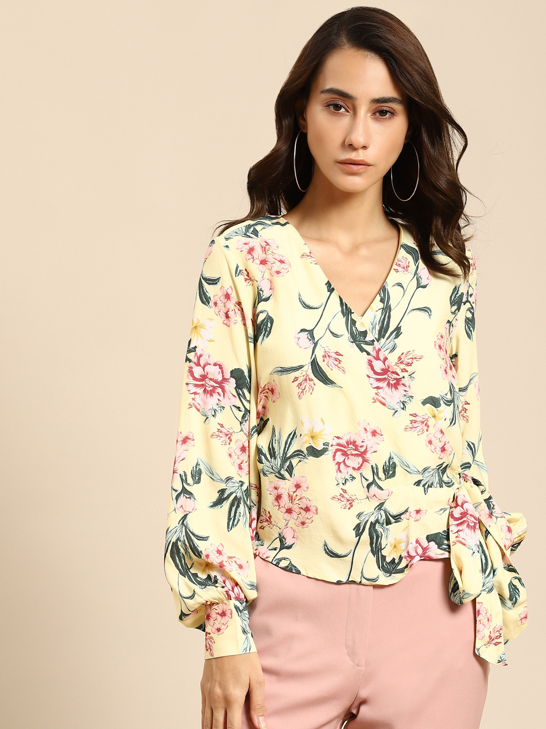 

COVER STORY Yellow Floral Bishop Sleeves Wrap Top