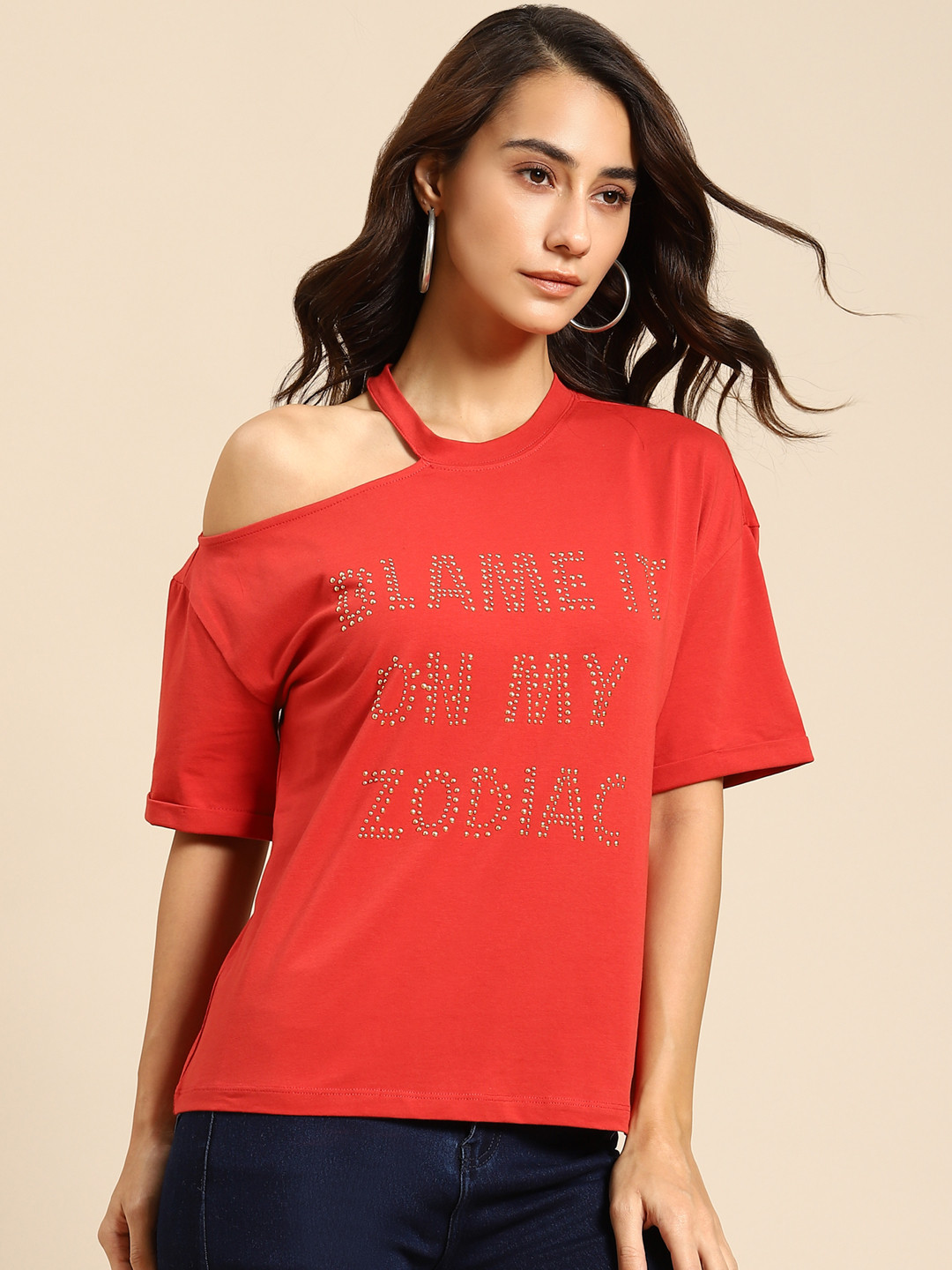 

COVER STORY Women Red Typography Printed T-shirt