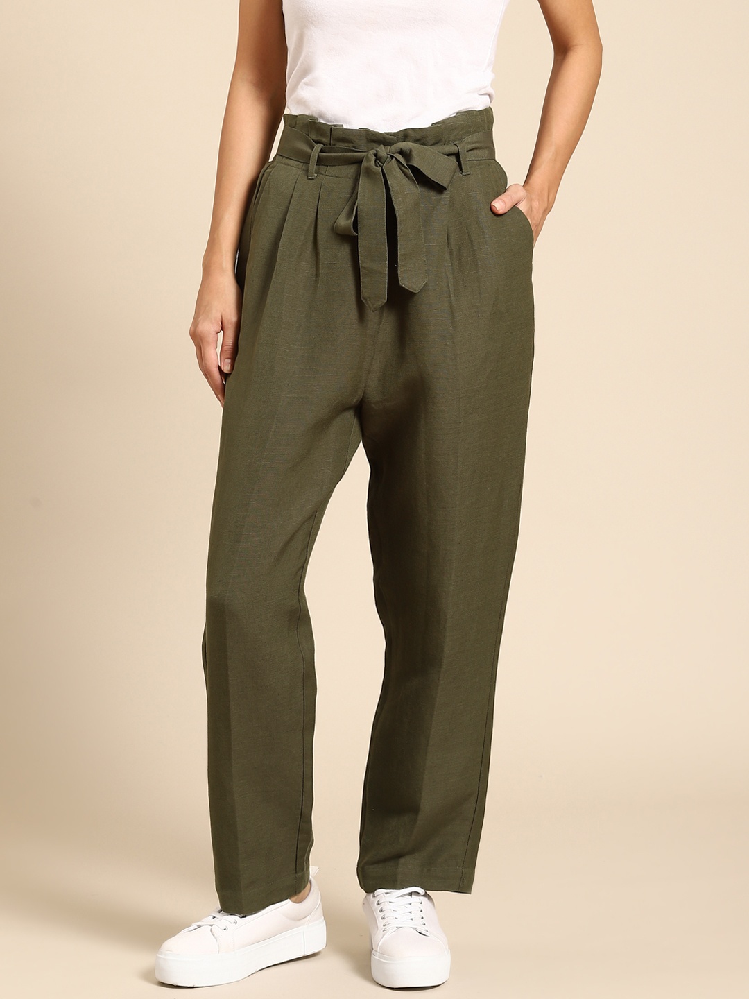 

COVER STORY Women Olive Green High-Rise Pleated Peg Trousers