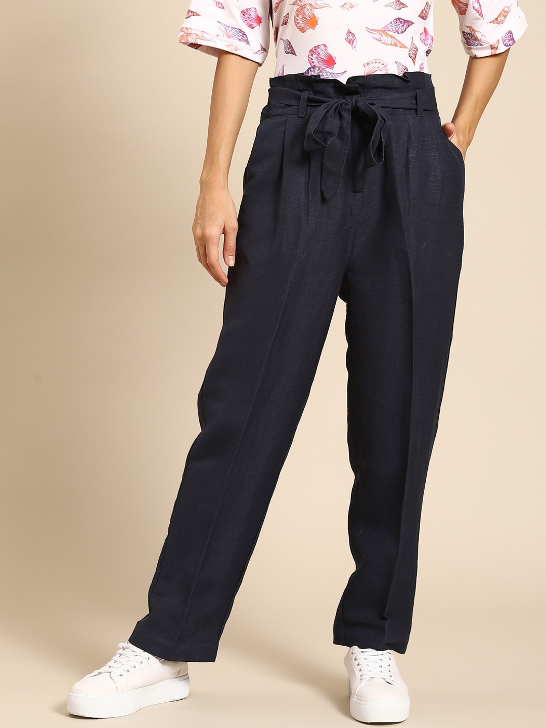 

COVER STORY Women Navy Blue High-Rise Pleated Peg Trousers