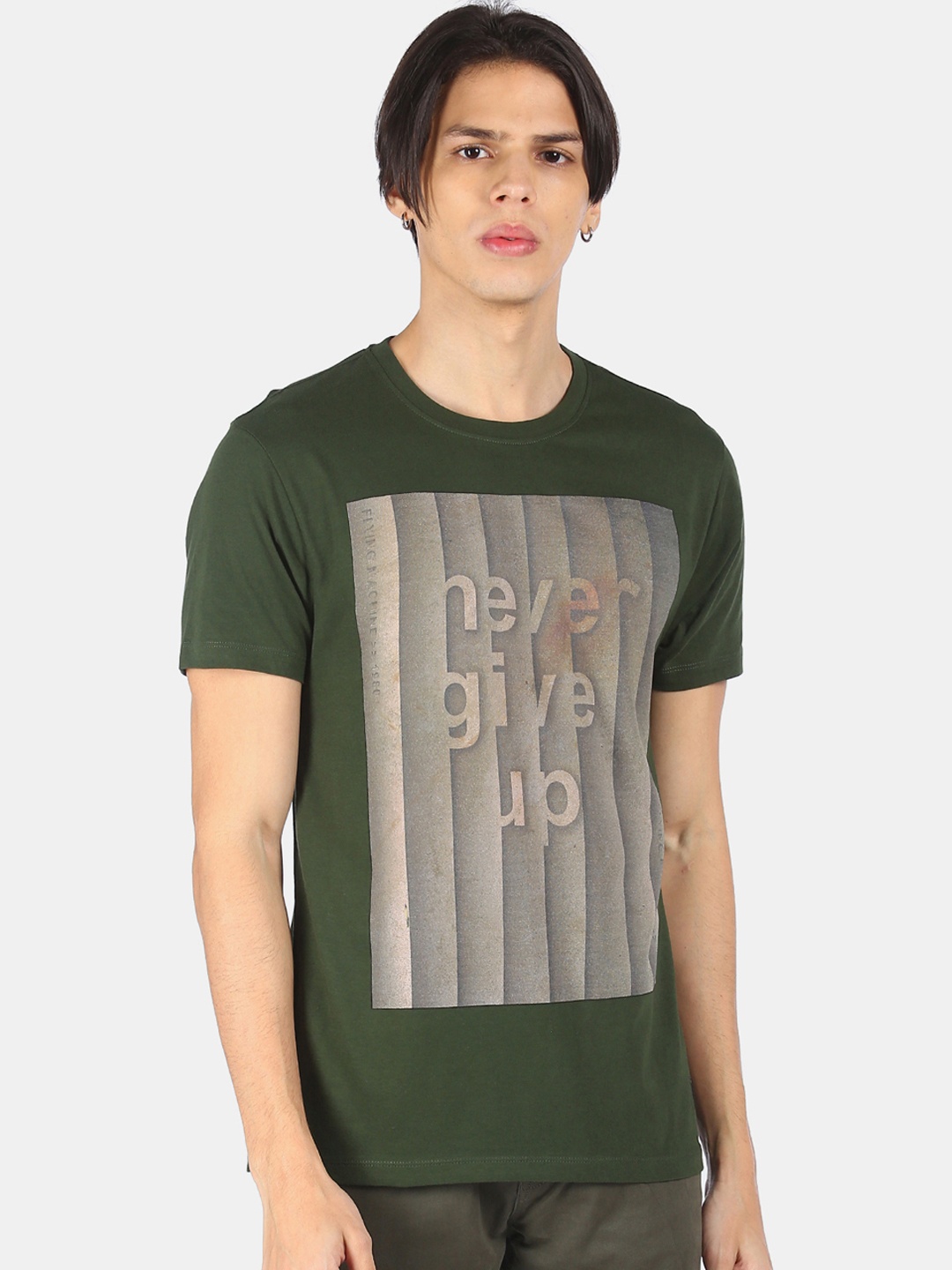 

Flying Machine Men Olive Green Graphic Printed Cotton T-shirt