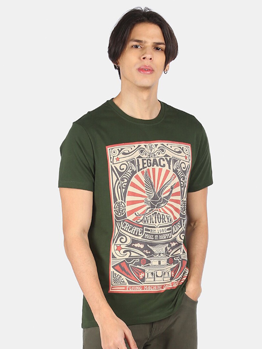 

Flying Machine Men Olive Green Printed Pockets T-shirt