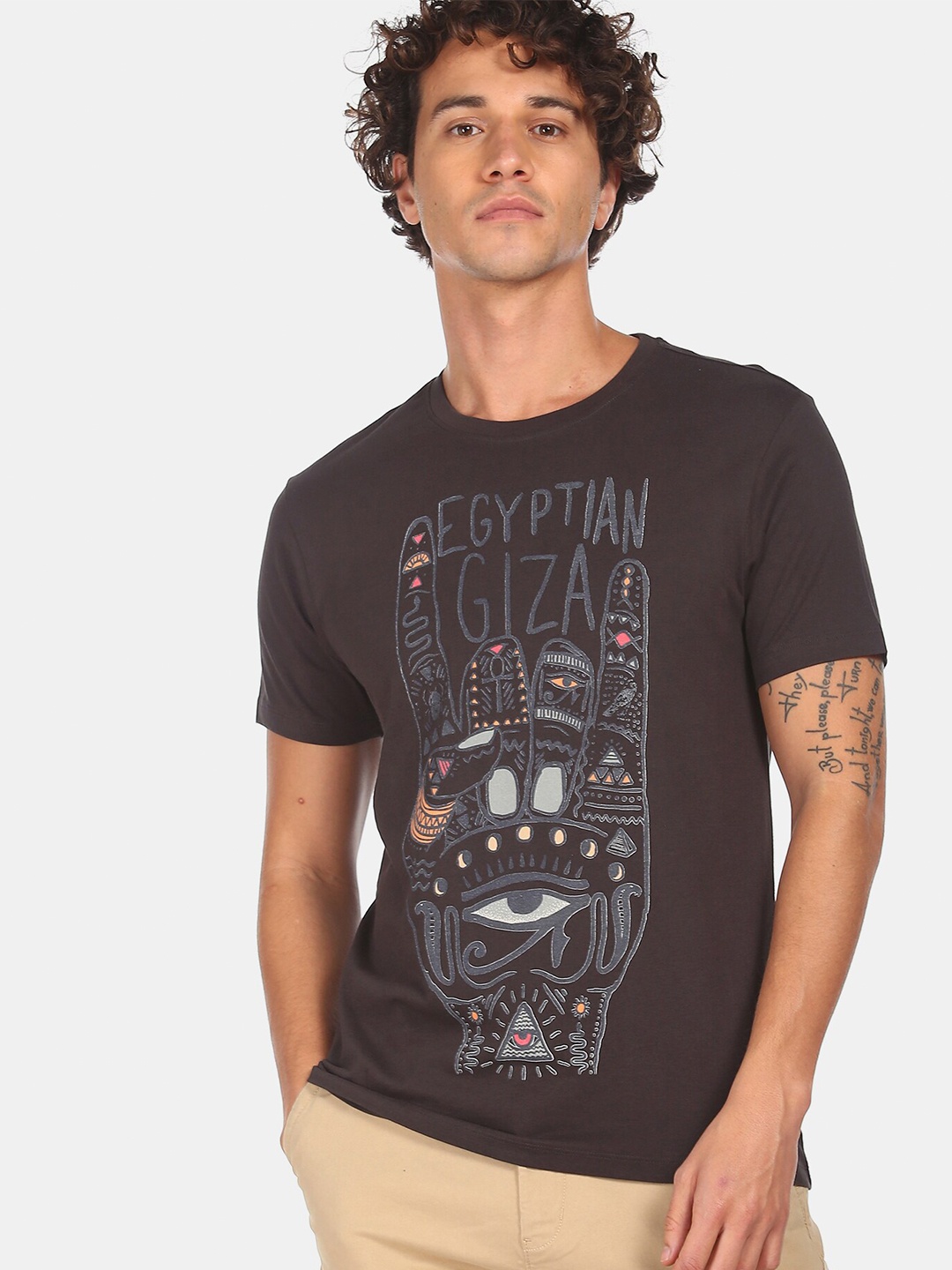 

Flying Machine Men Charcoal Typography Printed Raw Edge T-shirt