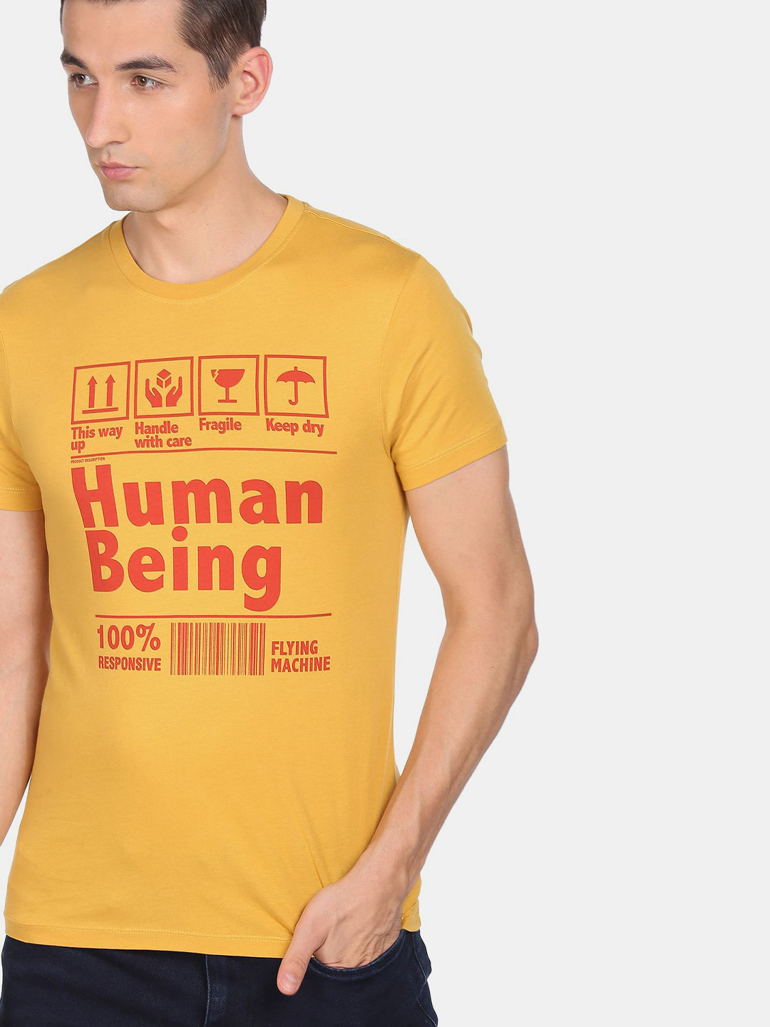 

Flying Machine Men Mustard Yellow Typography Printed Cotton T-shirt