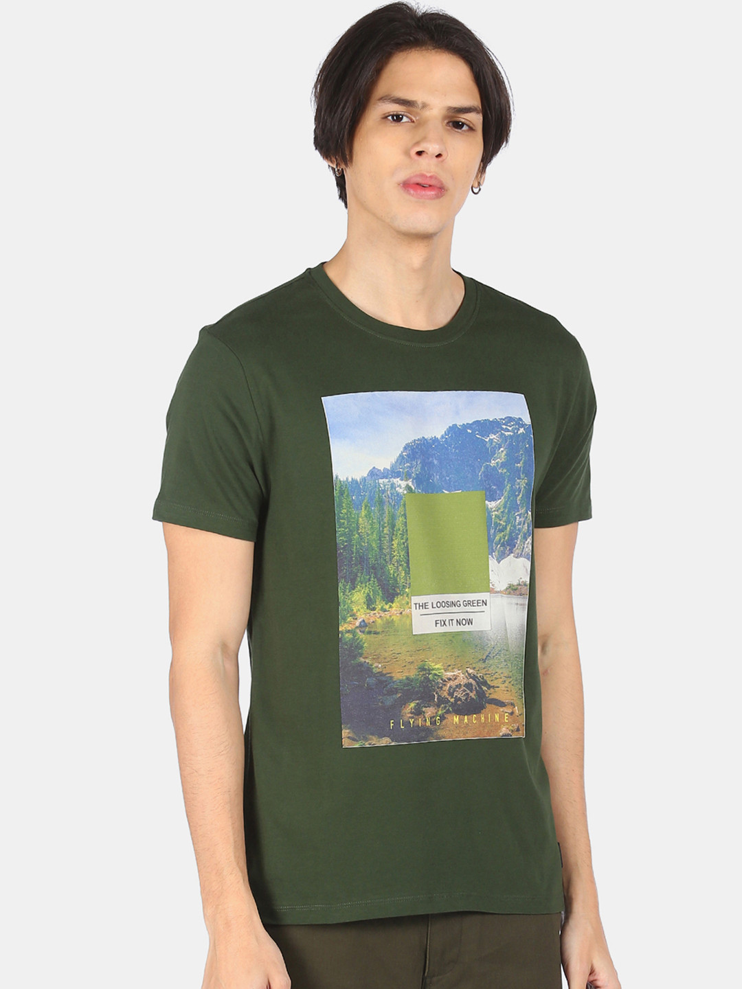 

Flying Machine Men Olive Green Graphic Printed T-shirt