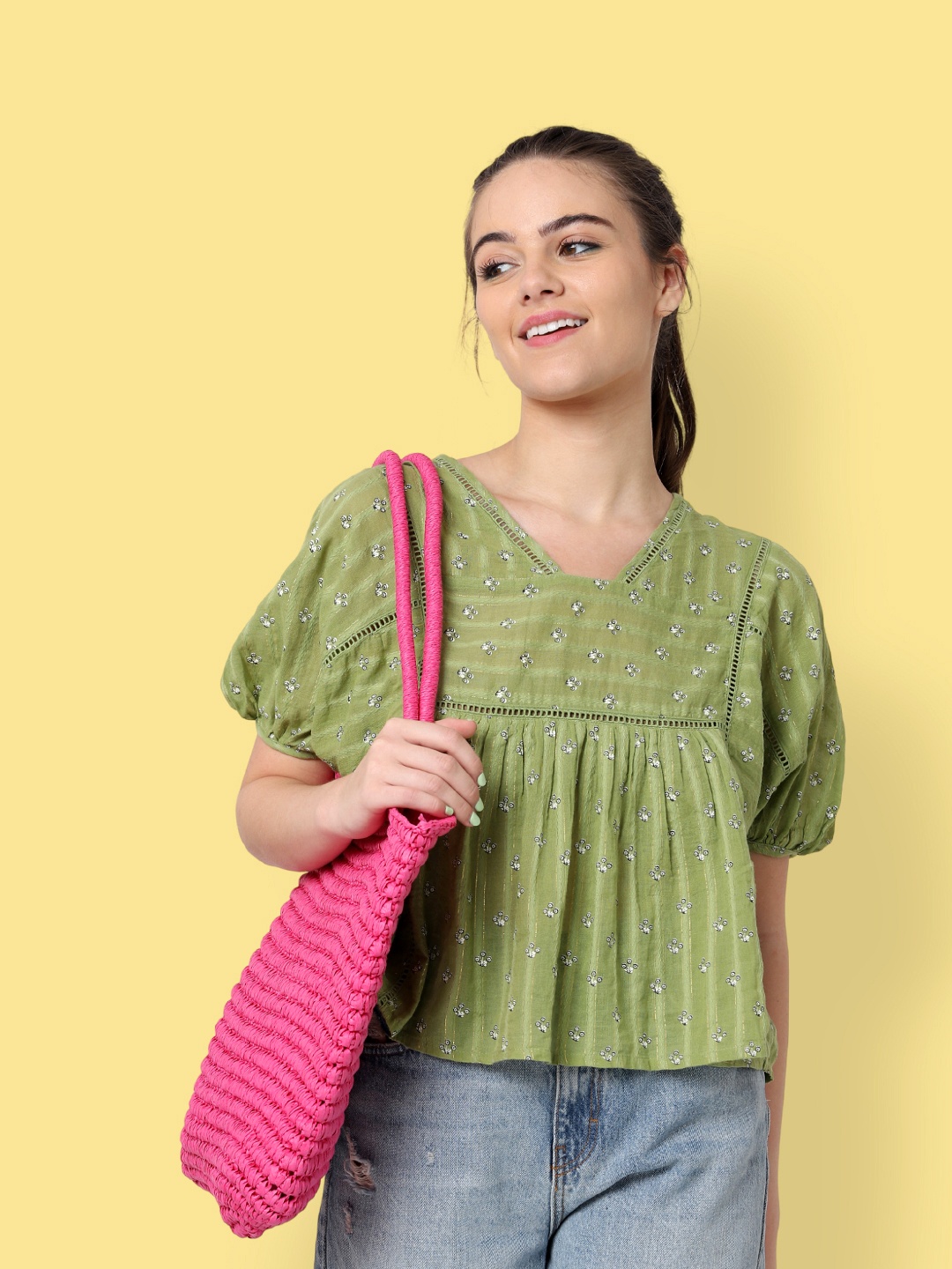 

ONLY Green & White Geometric Printed Boxy Top