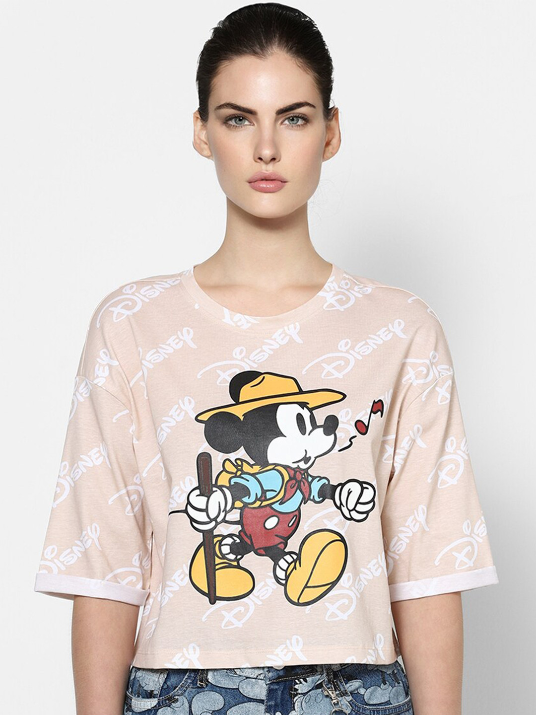 

ONLY Beige & White Mickey Mouse Printed Boxy Crop Top