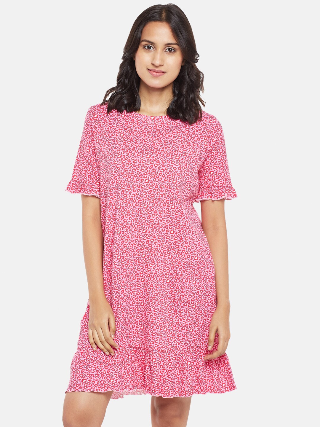 

People Women Pink & Red Printed Ruffles Pure Cotton Night Dress