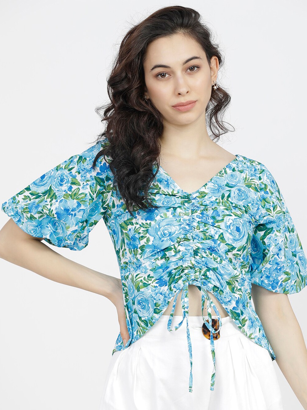 

Tokyo Talkies Blue Floral Regular Crop Top