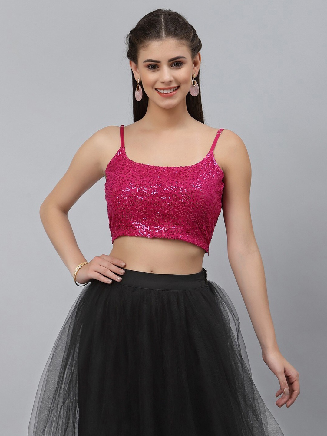 

studio rasa Fuchsia Embellished Net Bralette Crop Top