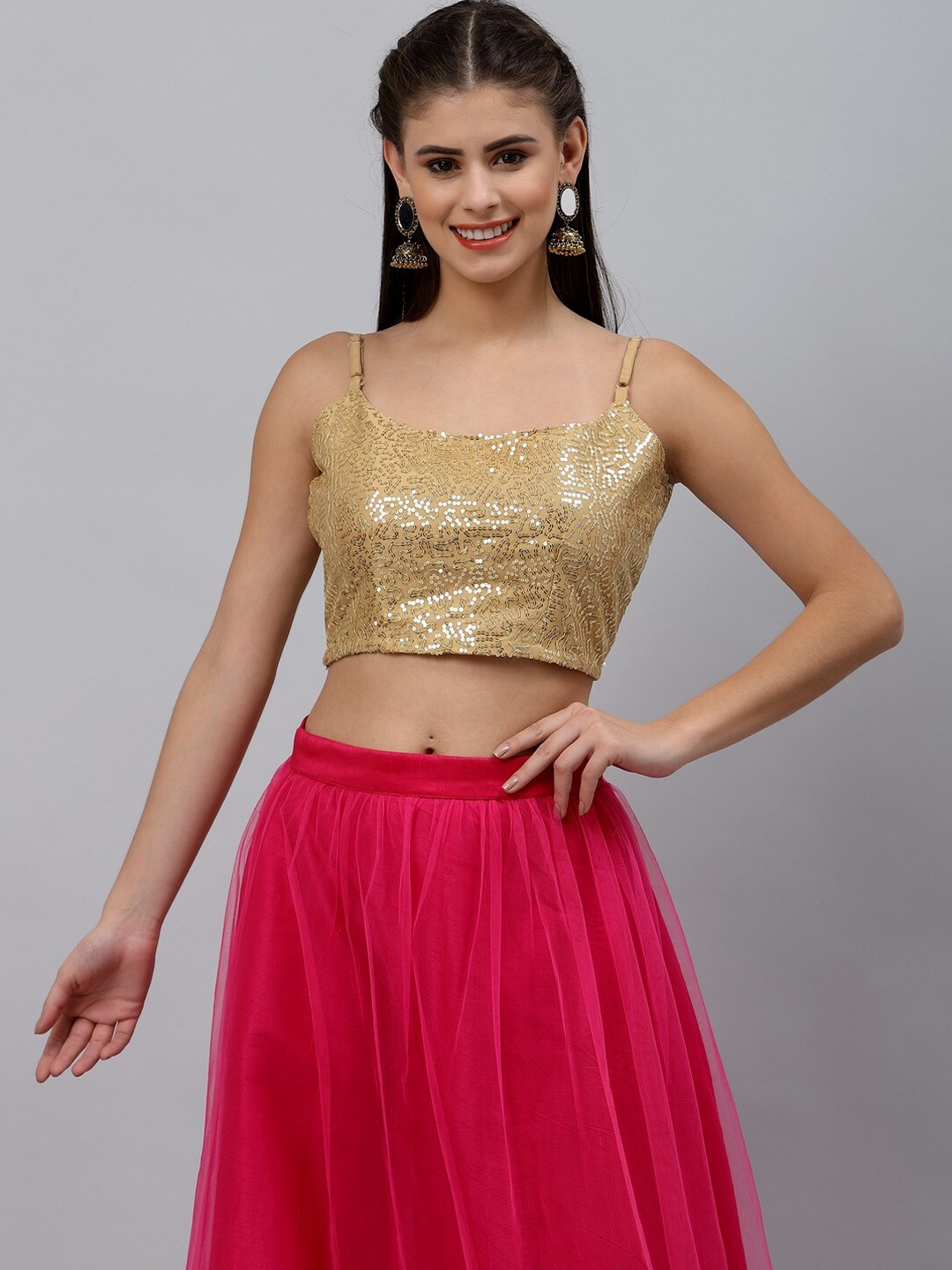 

studio rasa Gold-Toned Embellished Net Fitted Crop Top