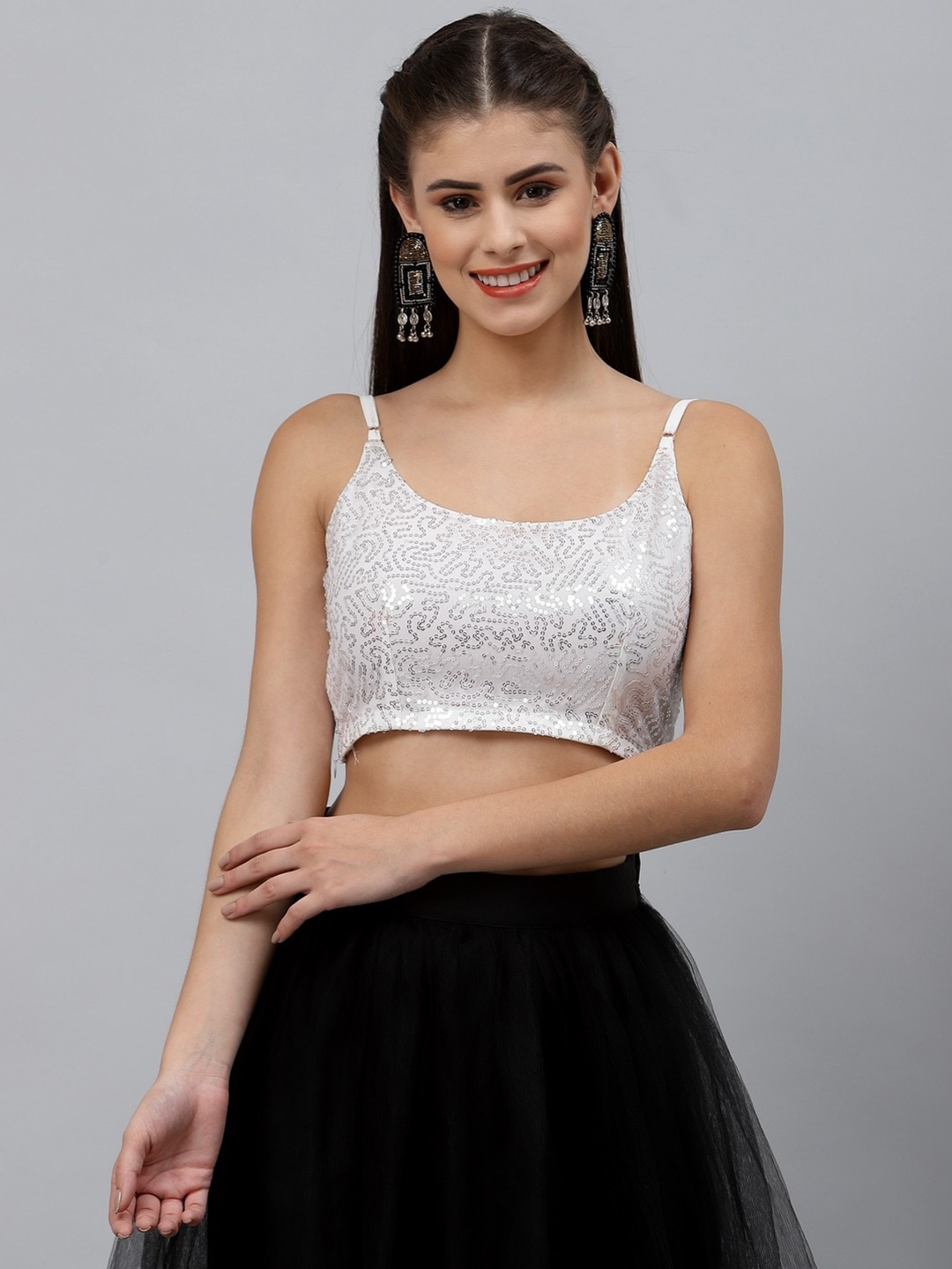 

studio rasa Silver-Toned Embellished Net Fitted Crop Top