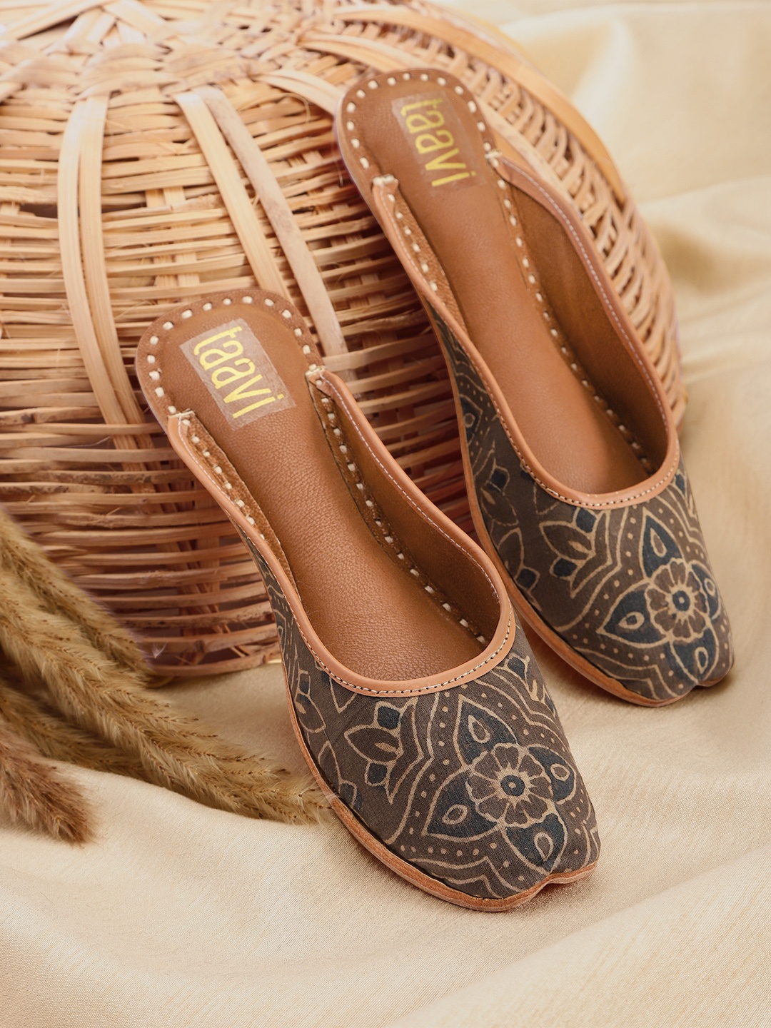 

Taavi Women Taupe & Teal Blue Ethnic Motifs Print Handcrafted Mules