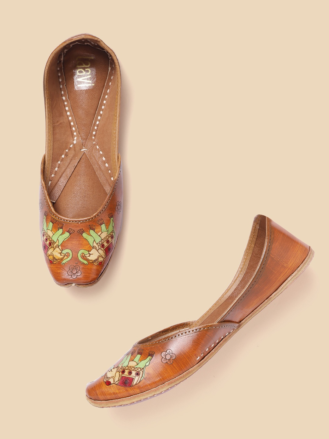 

Taavi Women Tan Brown & Green Elephant Print Leather Ballerinas