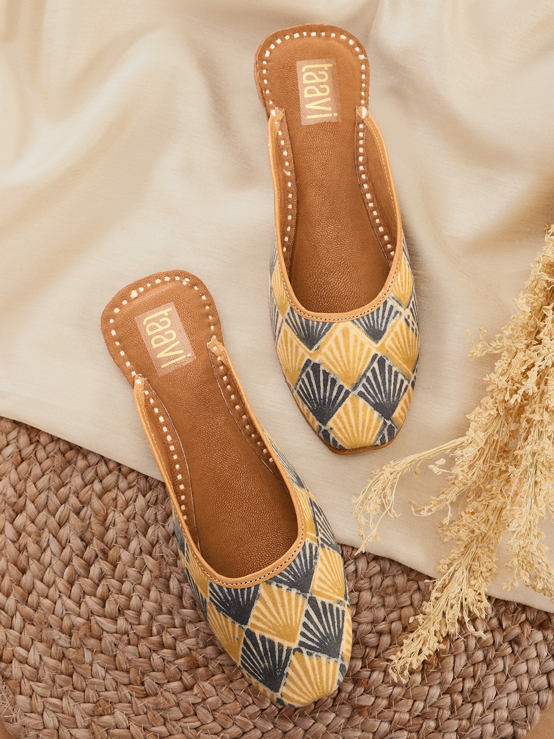 

Taavi Women Mustard Yellow & Teal Blue Checked Handcrafted Mules