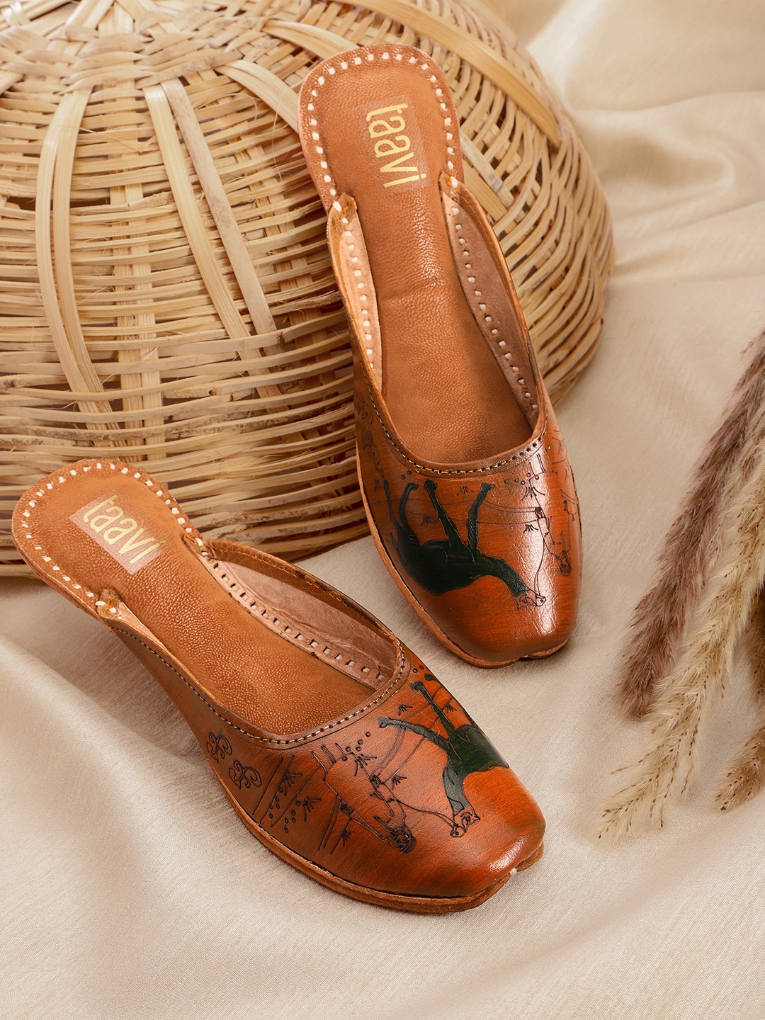

Taavi Women Tan Brown & Black Camel Print Leather Mules