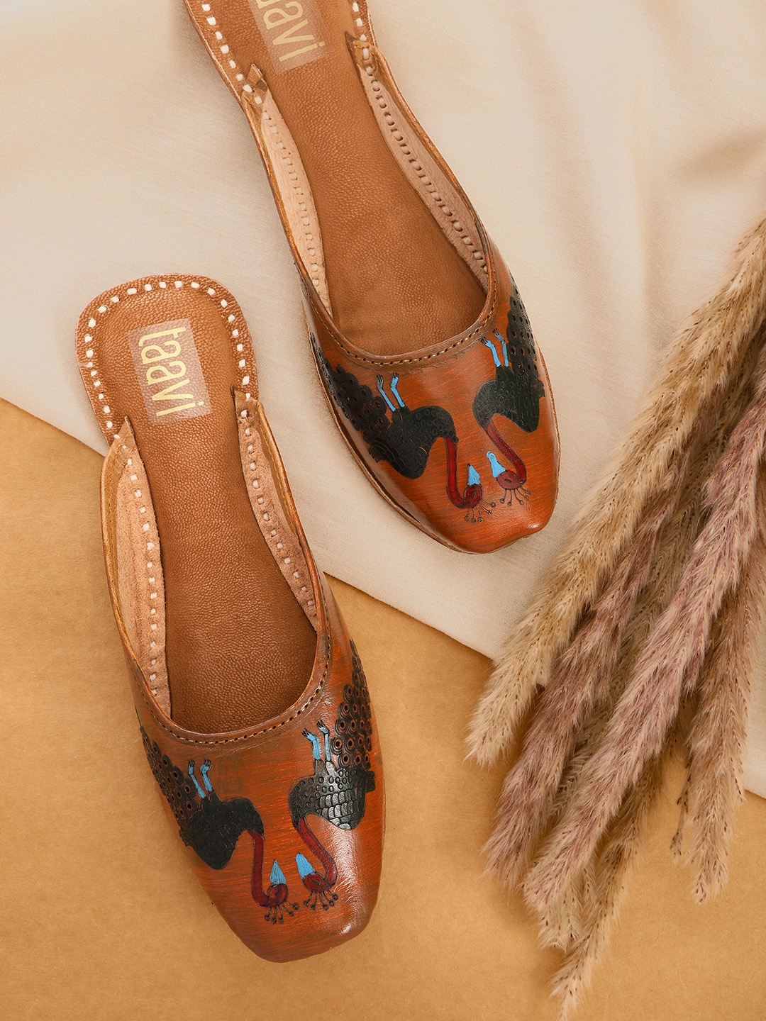 

Taavi Women Coffee Brown & Olive Green Peacock Print Perforated Handcrafted Mules