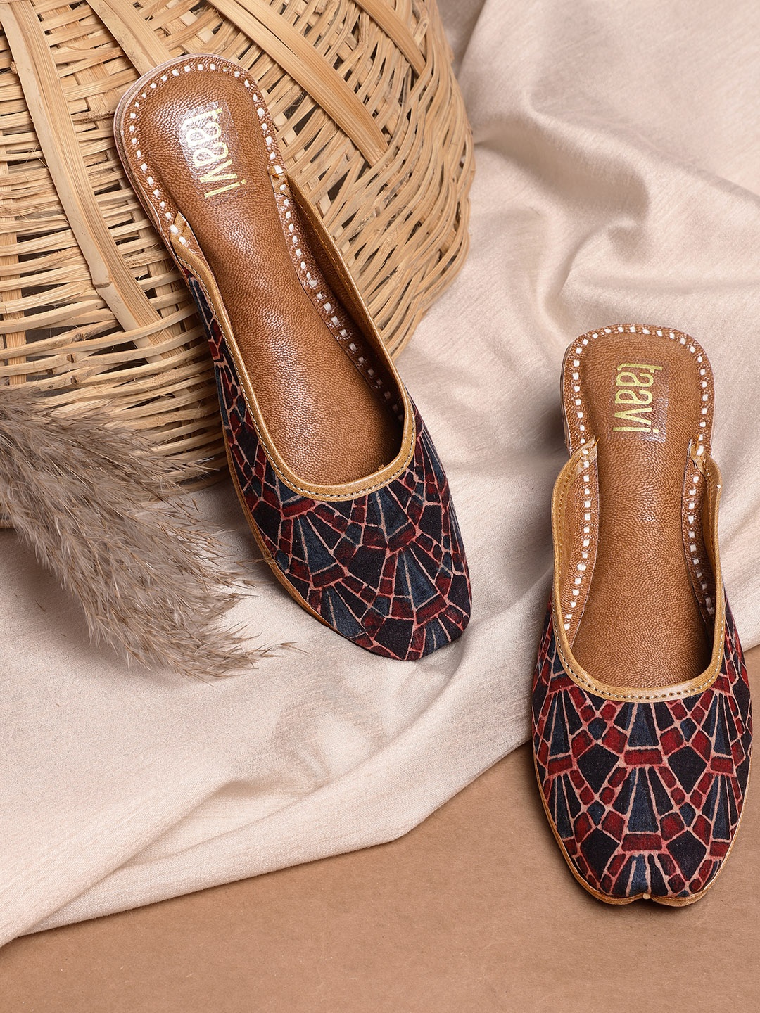 

Taavi Women Maroon & Blue Geometric Print Leather Mules