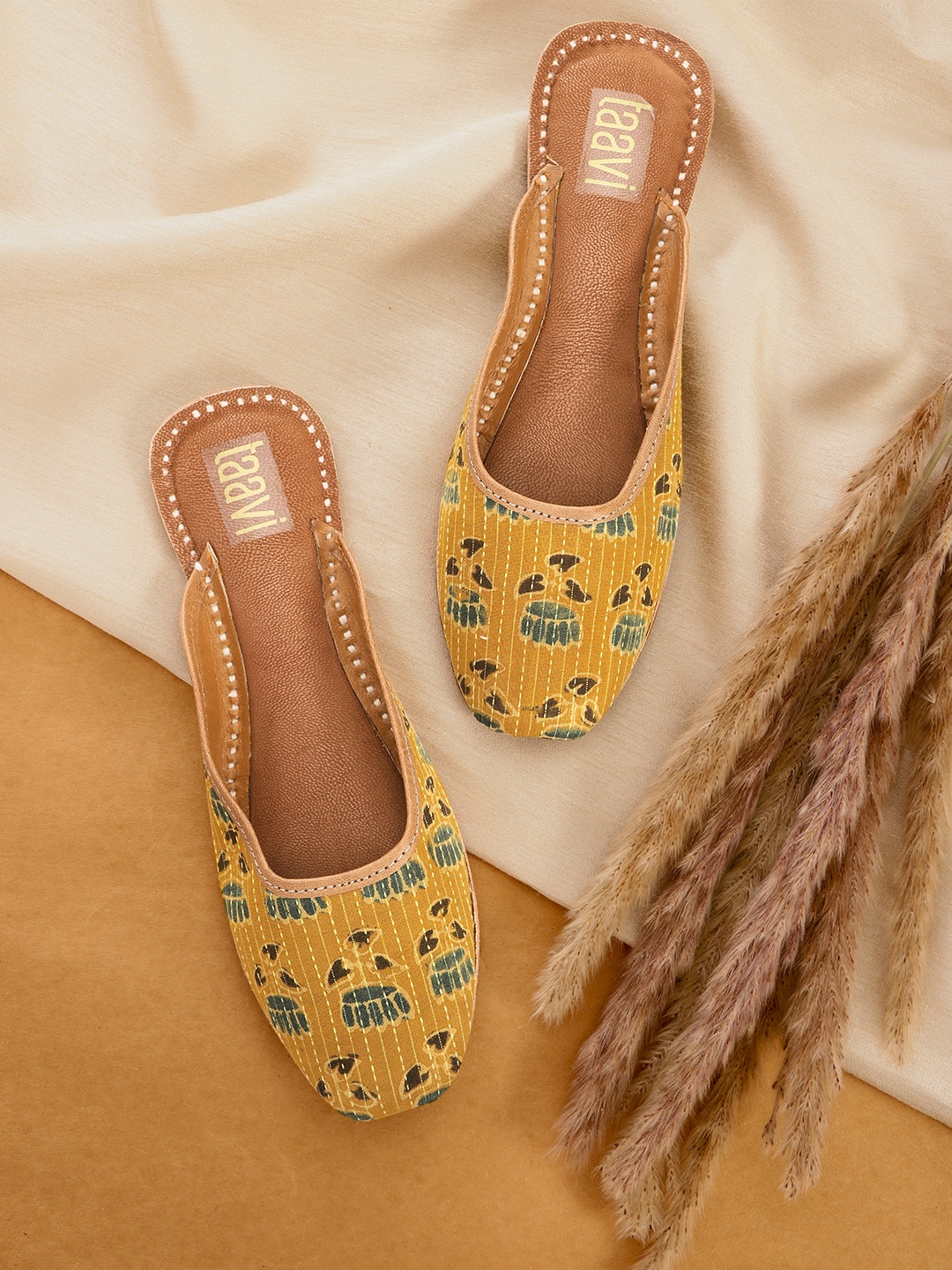 

Taavi Women Mustard Yellow & Olive Green Pin Striped Floral Print Handcrafted Mules