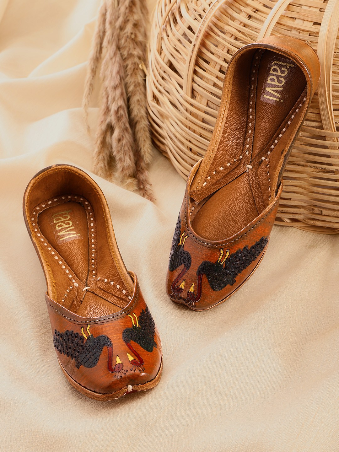 

Taavi Women Tan Brown & Green Peacock Print Leather Ballerinas