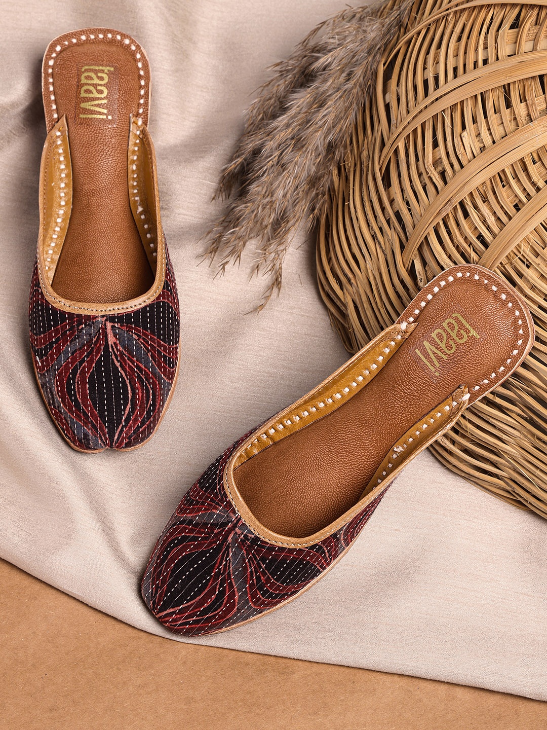 

Taavi Women Charcoal Grey & Rust Orange Pin Striped Floral Print Handcrafted Mules