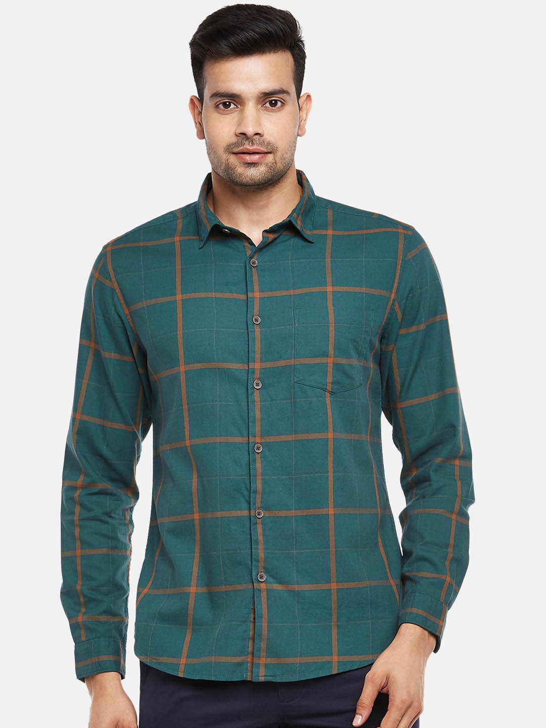 

BYFORD by Pantaloons Men Green Slim Fit Windowpane Checks Opaque Cotton Casual Shirt