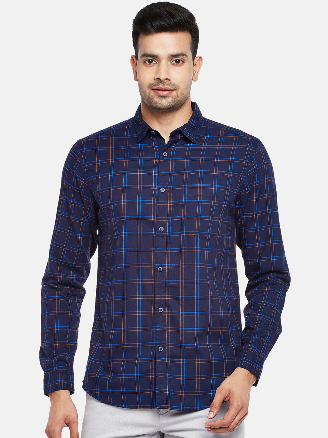 

BYFORD by Pantaloons Men Navy Blue Slim Fit Opaque Cotton Casual Shirt