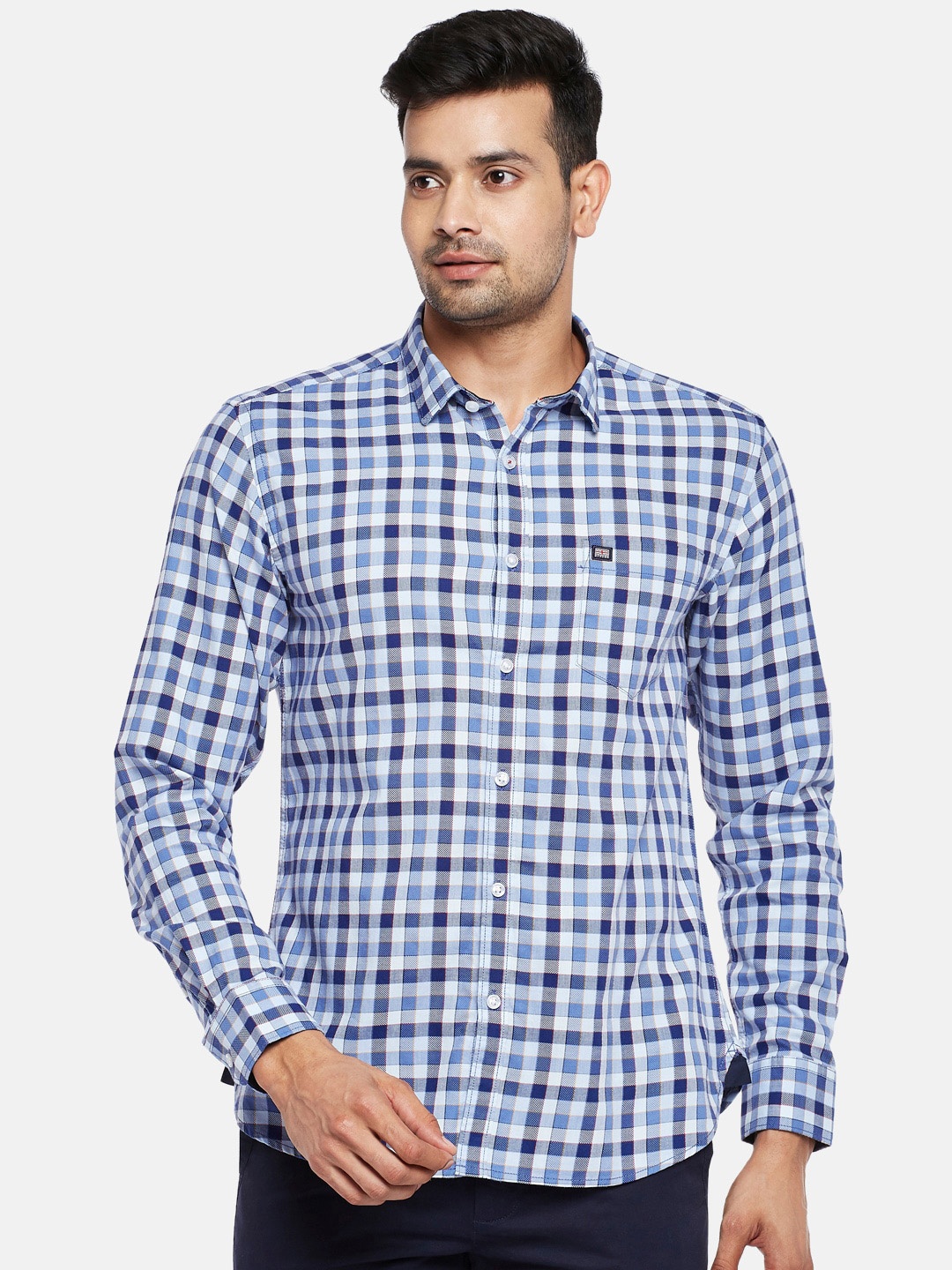 

BYFORD by Pantaloons Men Blue & White Slim Fit Opaque Checked Cotton Casual Shirt
