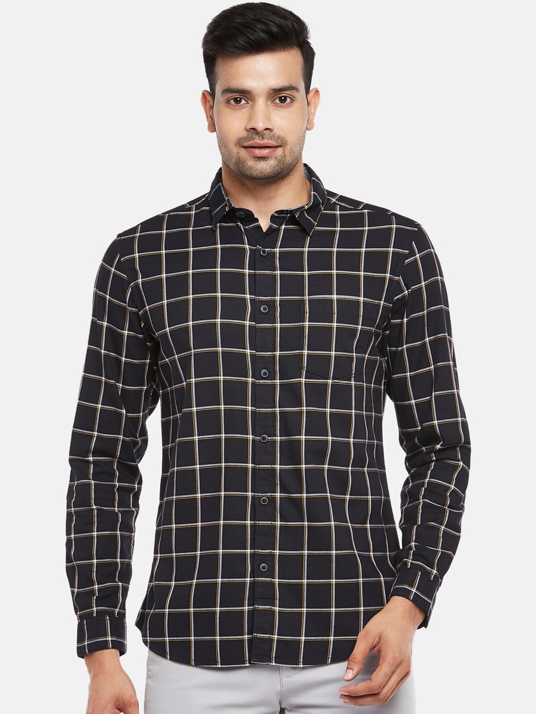 

BYFORD by Pantaloons Men Black & White Slim Fit Windowpane Checks Cotton Casual Shirt