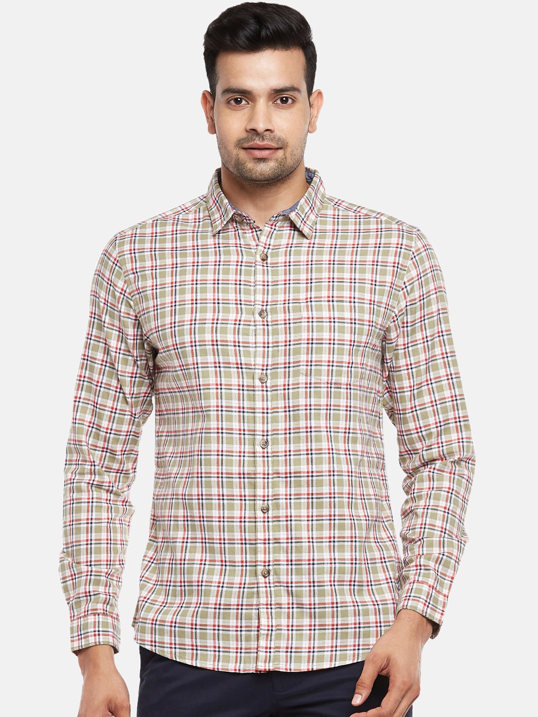 

BYFORD by Pantaloons Men Olive Green & Red Slim Fit Opaque Checked Cotton Casual Shirt