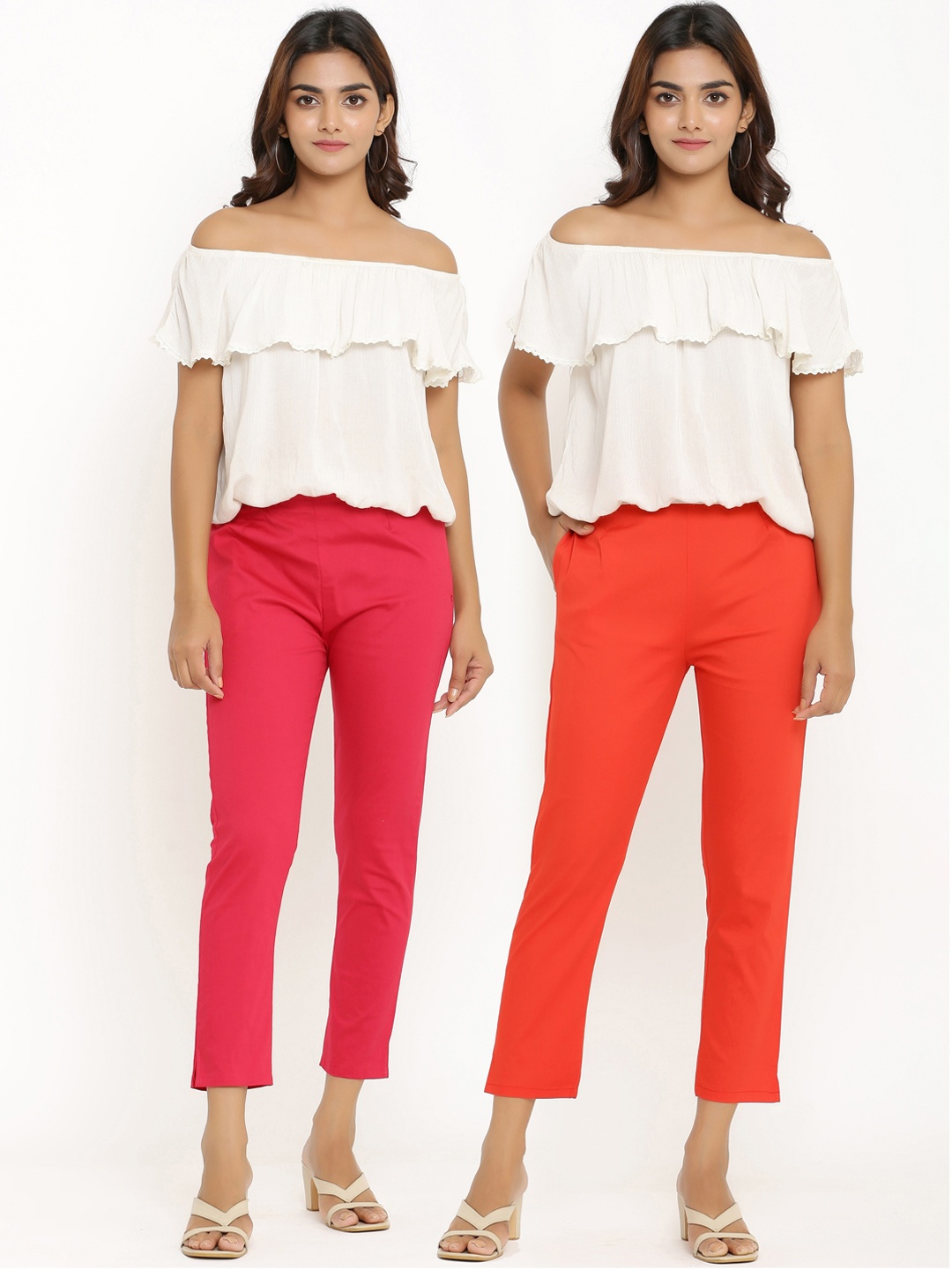 

ANAISA Women Pack of 2 Pink & Red Slim Fit Trousers